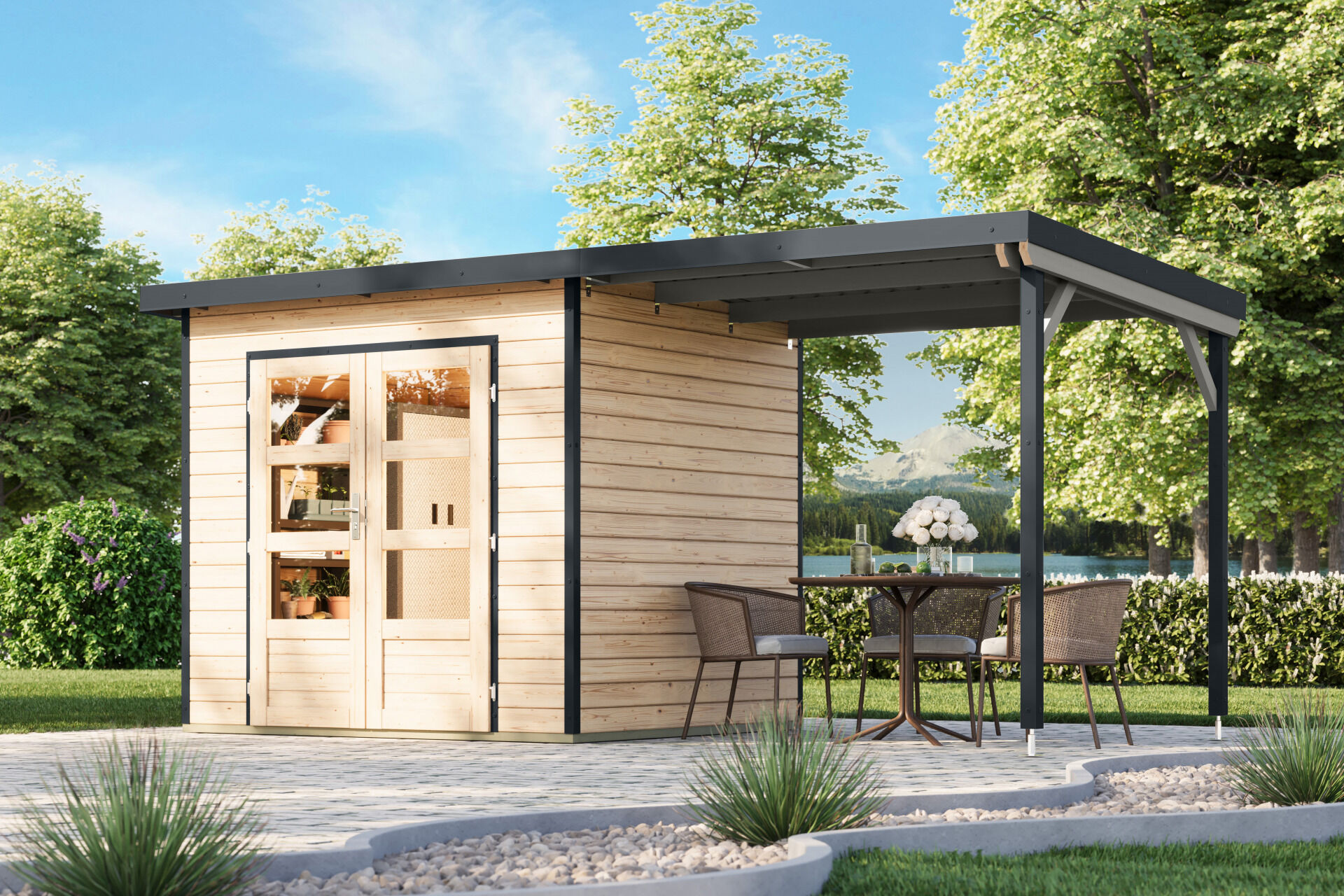 Karibu Pultdach Holz & Metall Gartenhaus Pluto 2 Set mit Anbaudach 2,33 m, naturbelassen / graualuminium