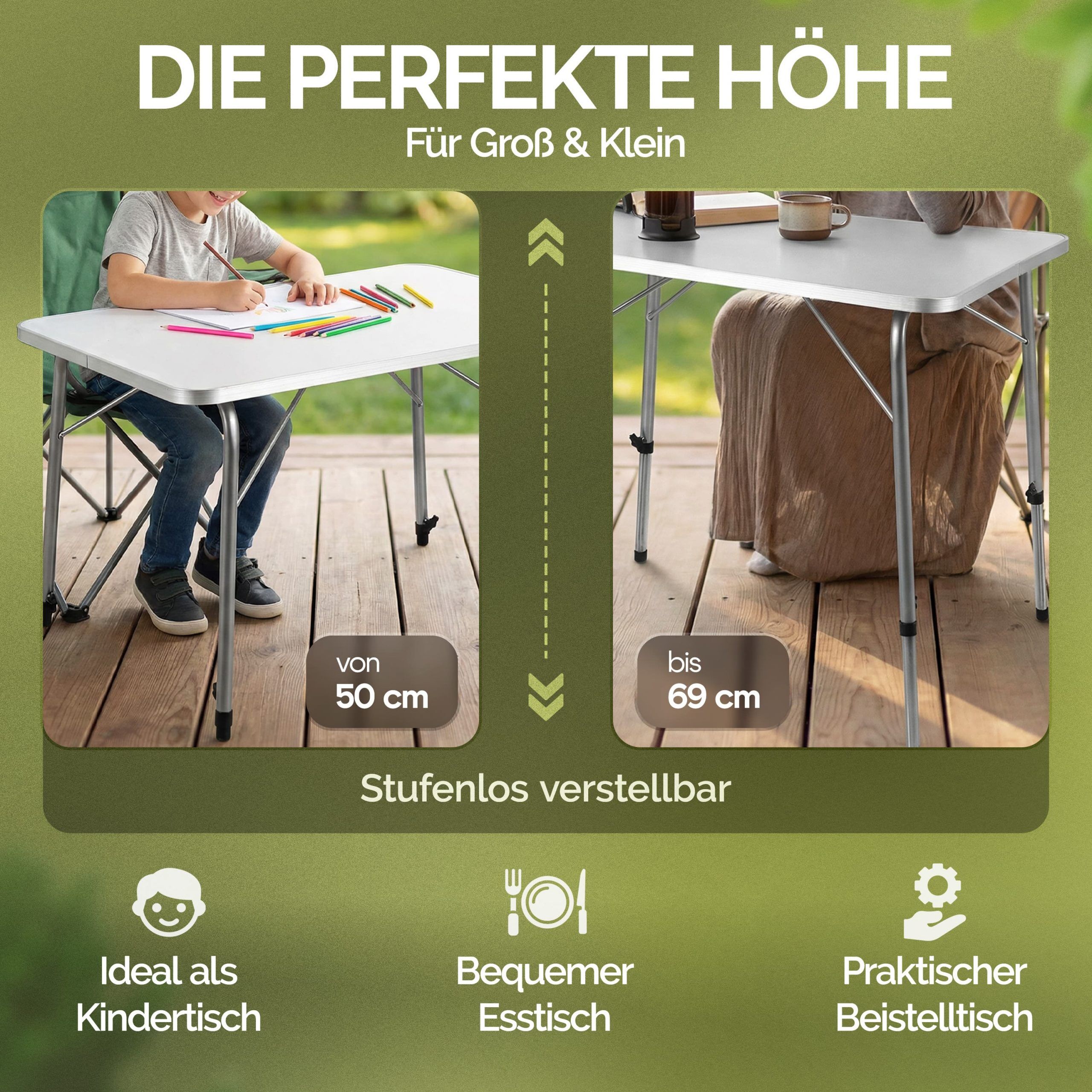 Gartentisch Silber Alu 80x55x50/69cm klappbar