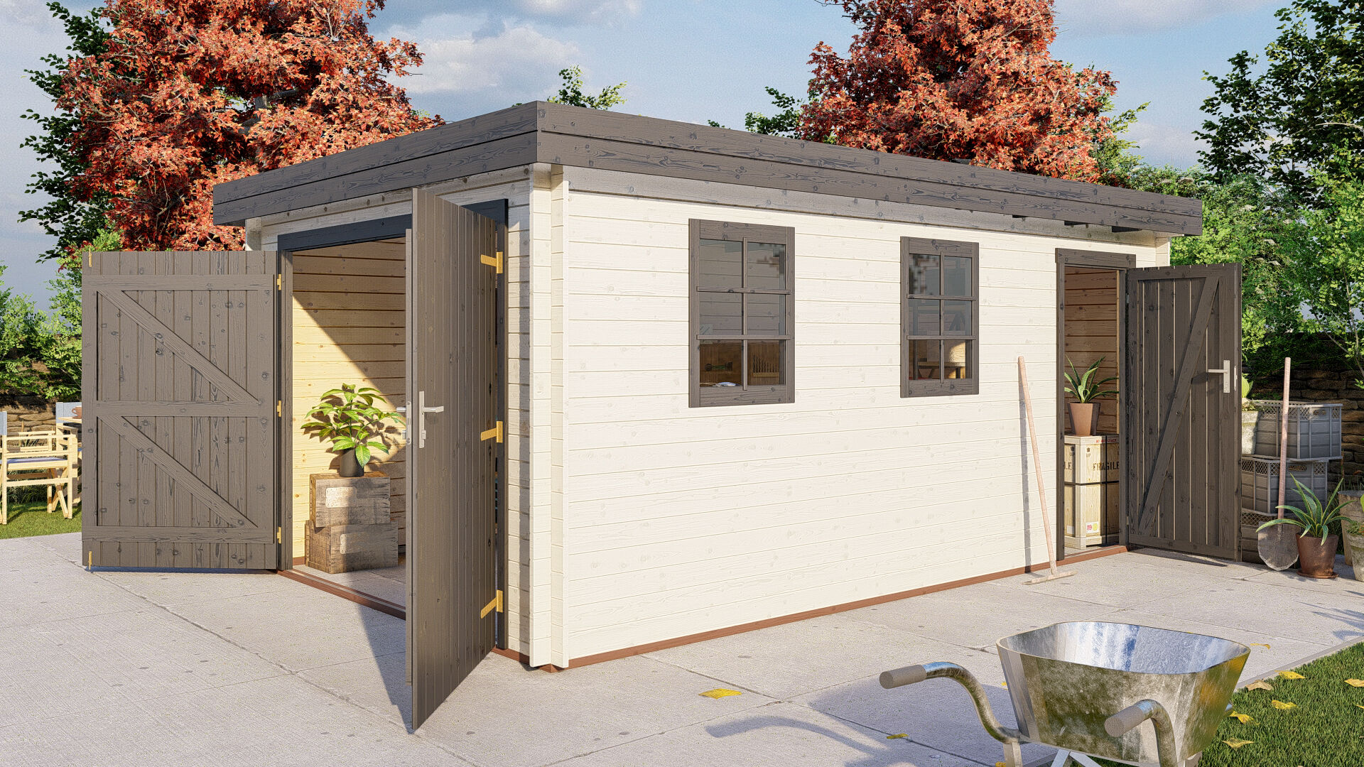 Flachdach Holzgarage Schweden 51 – 28 mm Blockbohlen Garage mit Seitentür & Doppeltor
