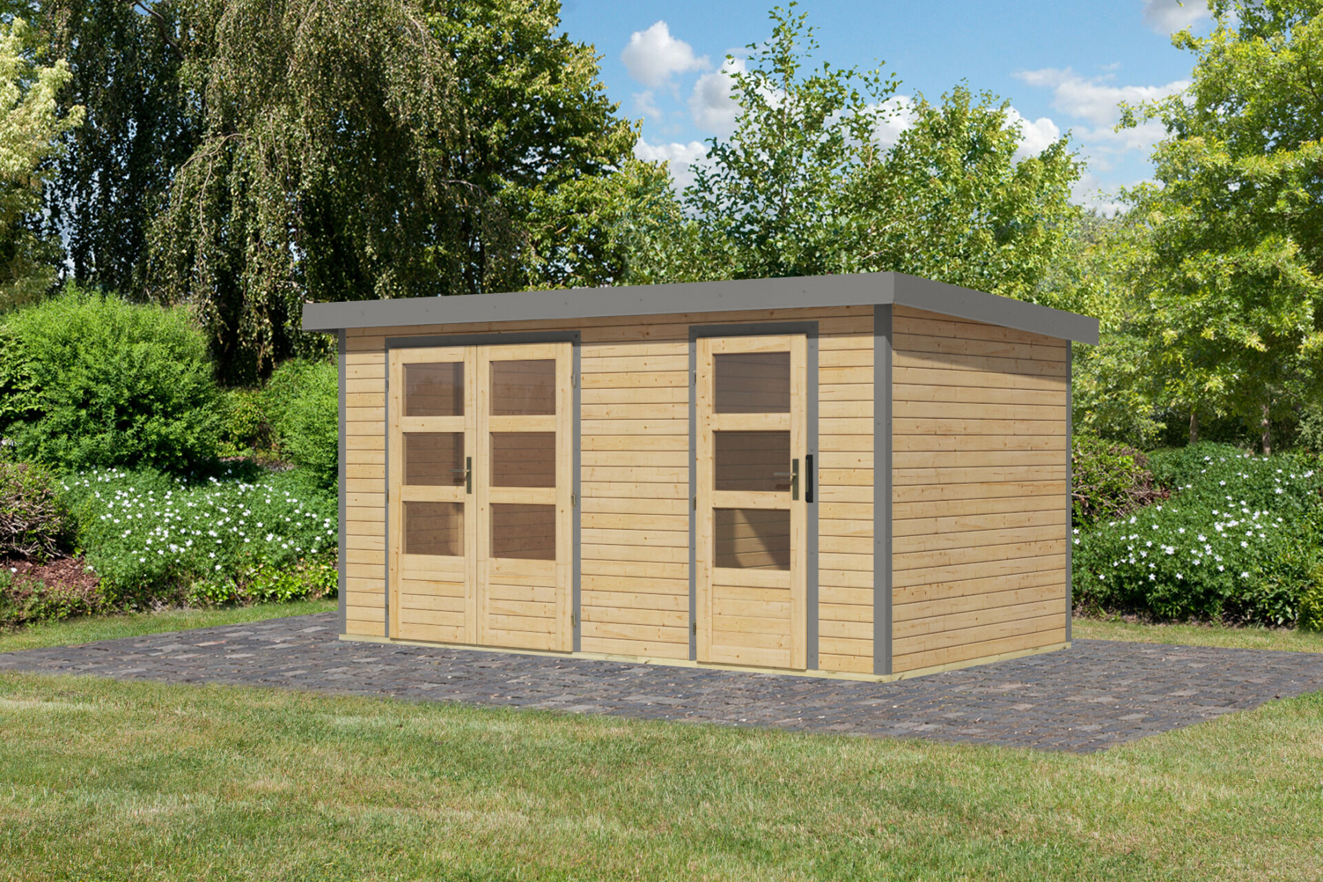 Karibu Pultdach Holz & Metall Gartenhaus Merkur, naturbelassen / graualuminium