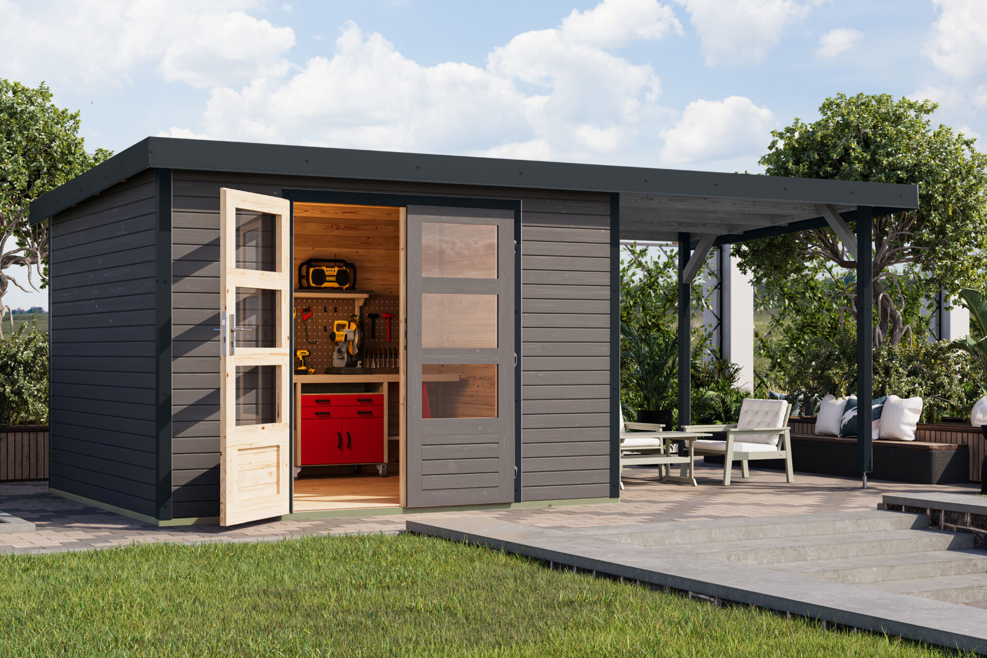 Karibu Pultdach Holz & Metall Gartenhaus Jupiter 5 Set mit Anbaudach 2,35 m, naturbelassen / graualuminium