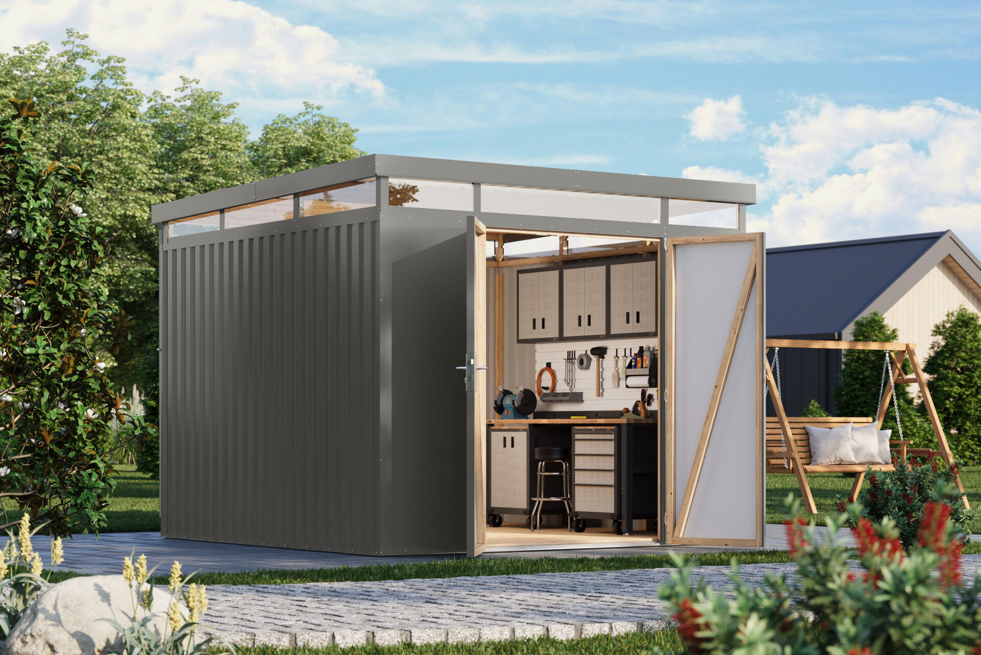 Karibu Flachdach Metall Gartenhaus Aurum 3,5