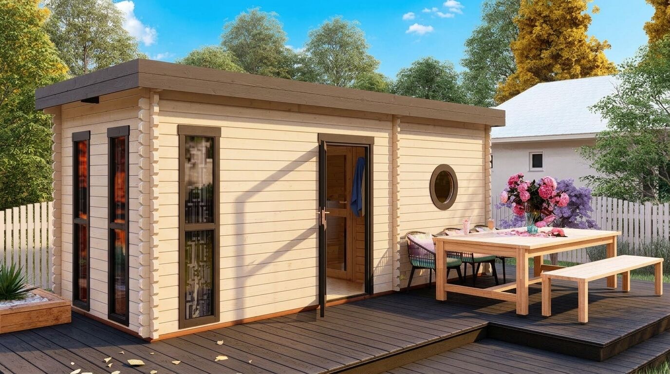 Saunahaus Trontheim 5 - 580 x 240cm mit Vorraum und modernen Flachdach