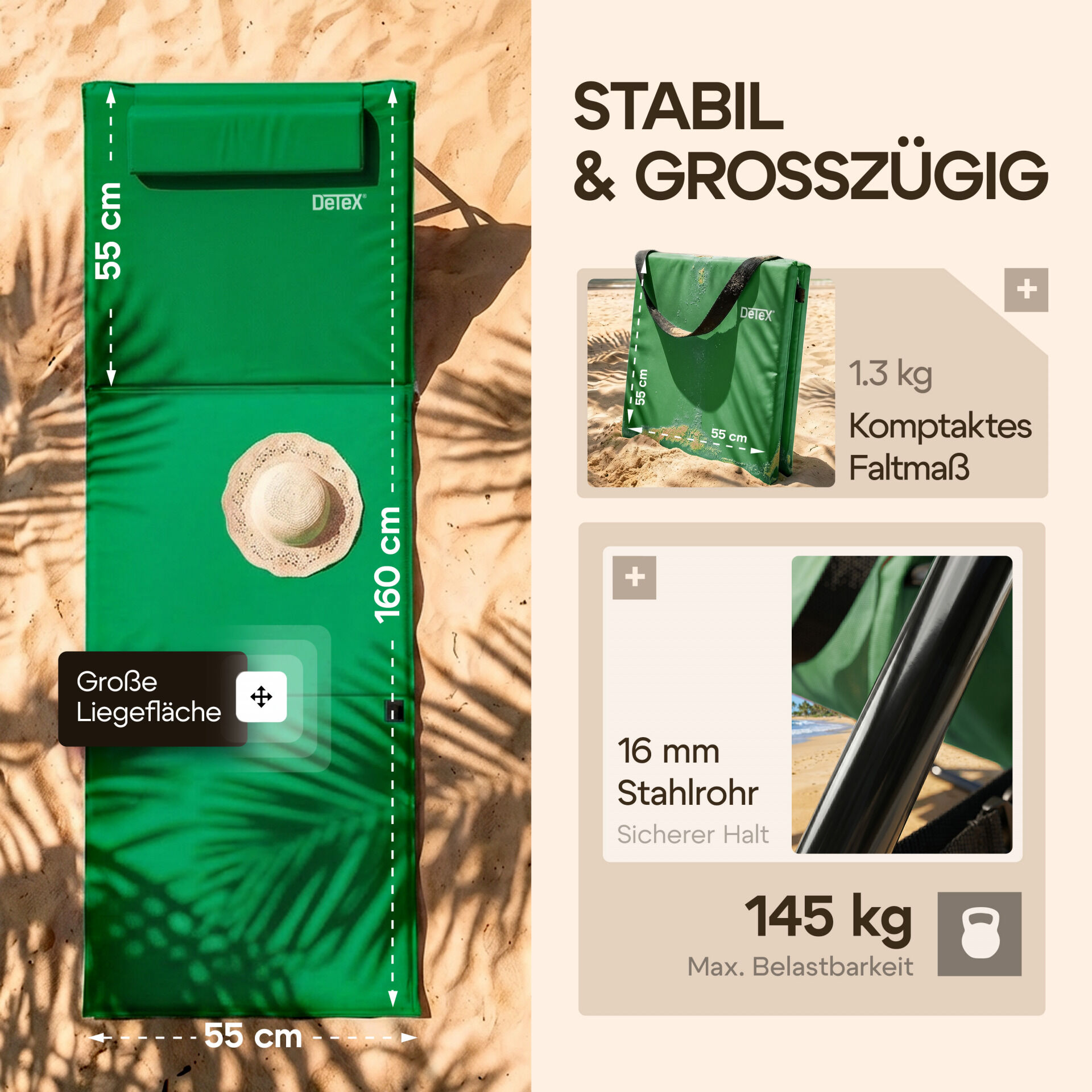 Strandmatte Grün 158x56x46cm gepolstert