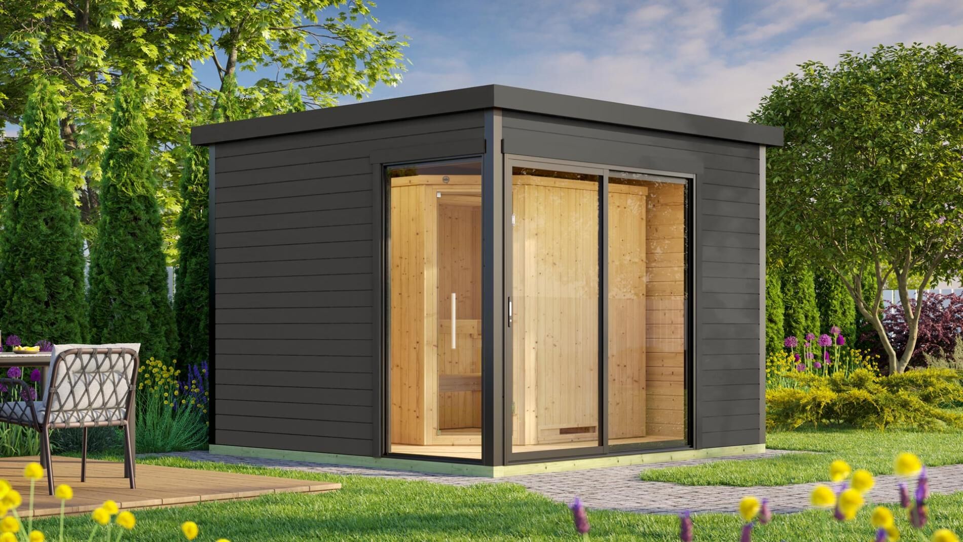Design-Saunahaus SH 412, G.grau, 9,0 kW Ofen Klassik Kompakt int. Steuerung Steine & Kabel, ohne Beleuchtung