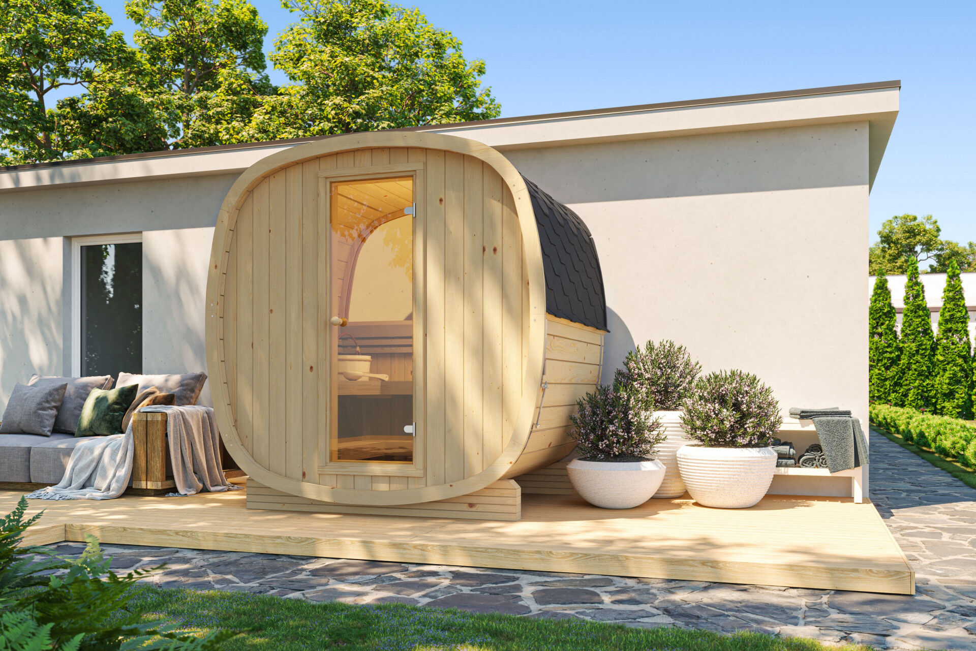 Finn Art Fasssauna Quadro 160 Standard, naturbelassen, mit Glastür und Halbglas Rückwand, auf Terrasse