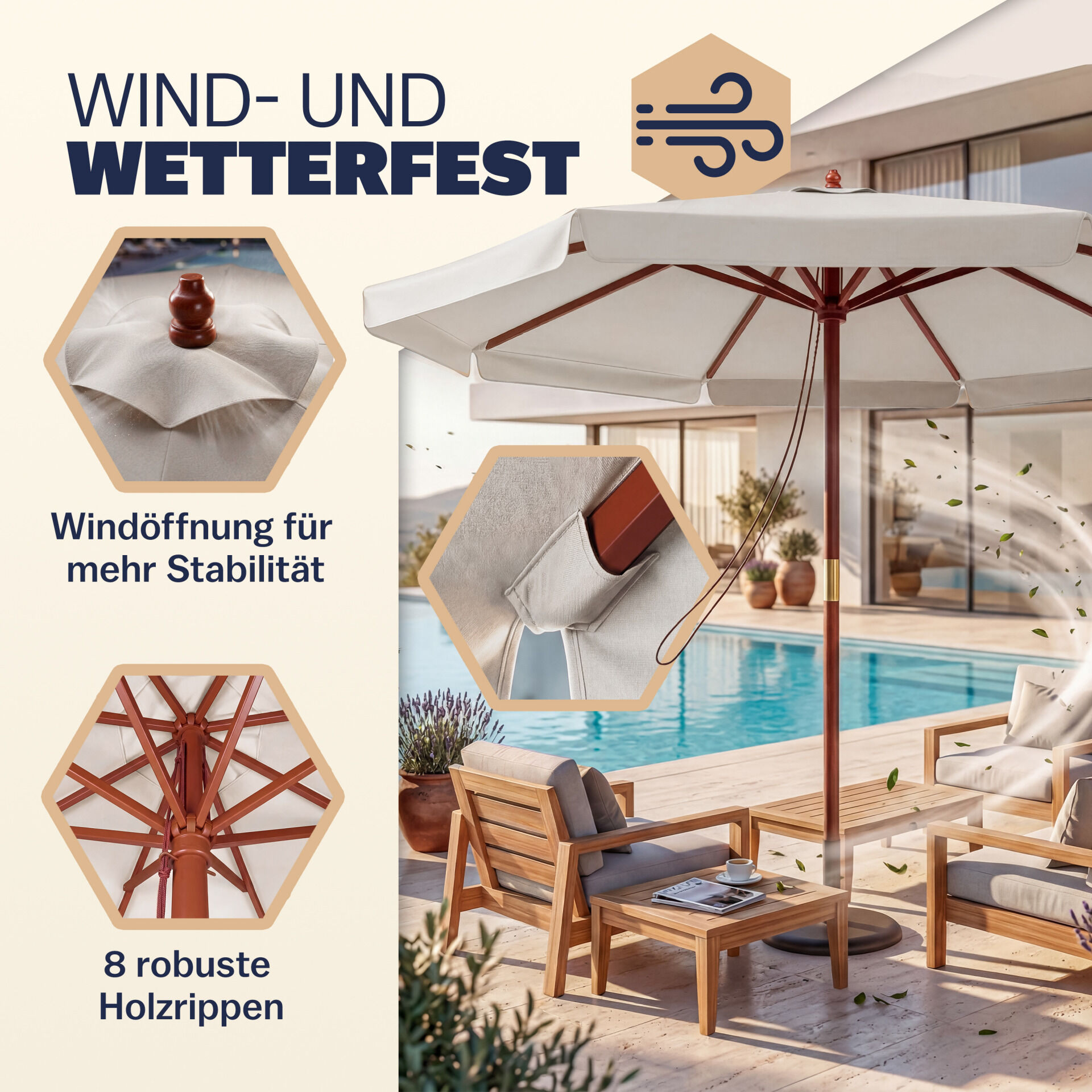 Sonnenschirm Holz Beige Ø330cm UV-Schutz 80+