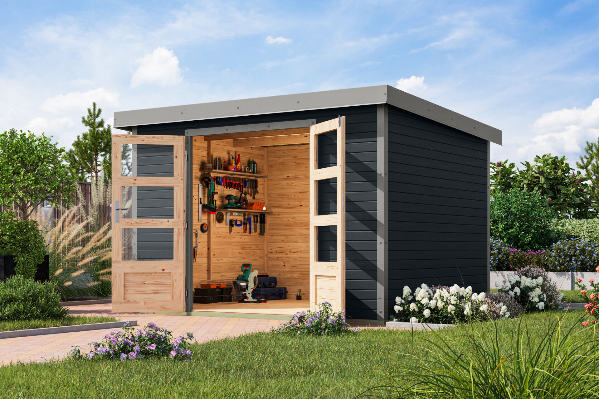 Karibu Pultdach Holz & Metall Gartenhaus Jupiter 5, naturbelassen / graualuminium