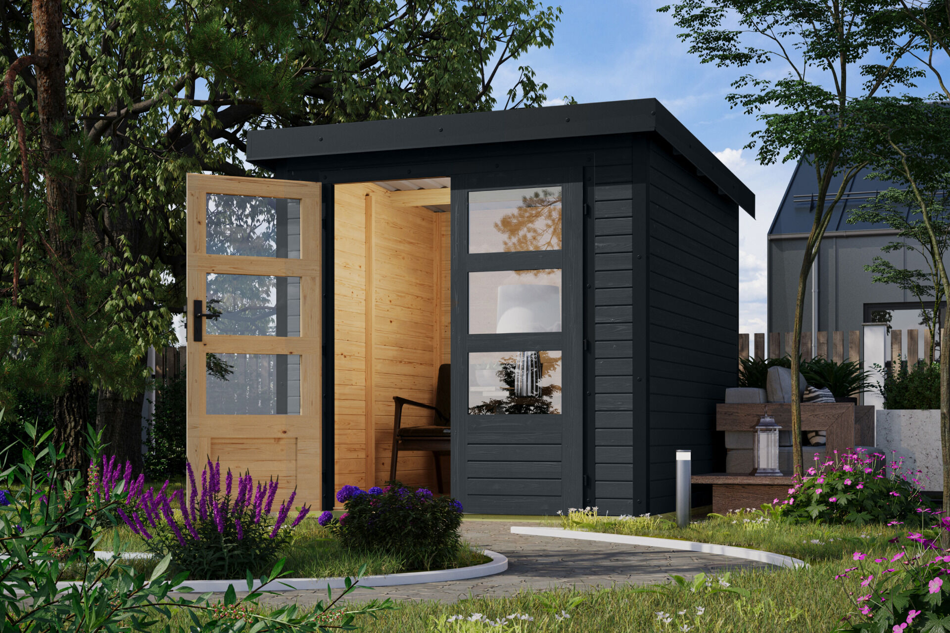 Karibu Pultdach Holz & Metall Gartenhaus Jupiter 2, naturbelassen / graualuminium