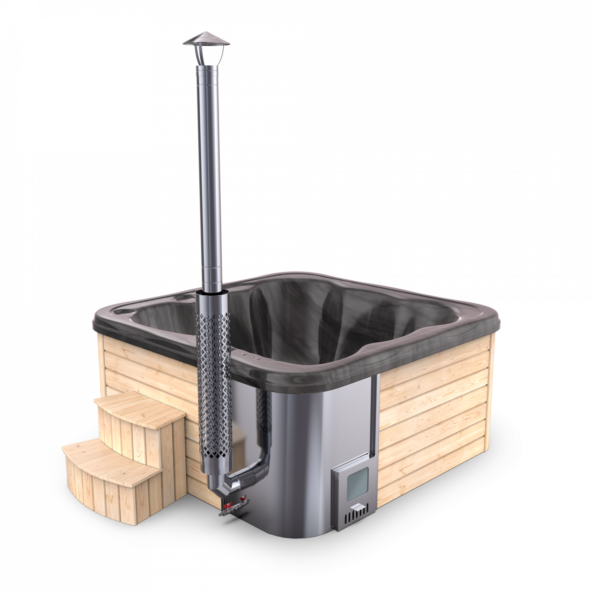 SPANOVA Hot Tub Premium 220 – Fichte Whirlpool mit integriertem Holzofen & Acrylwanne, Weiß marmoriert, Holzofen - 35kw V2A