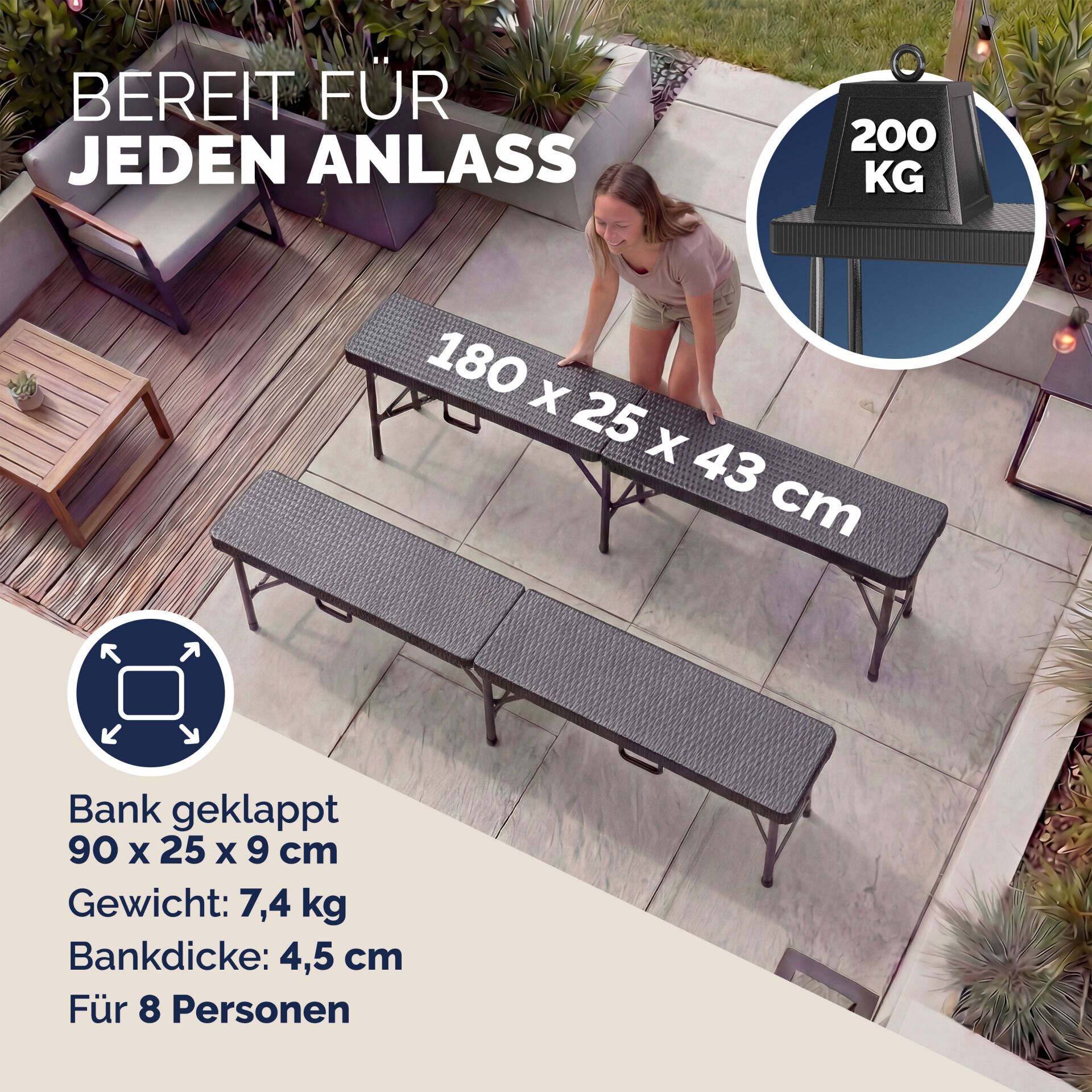 Rattanbänke Malmö 2er-Set Schwarz 180cm