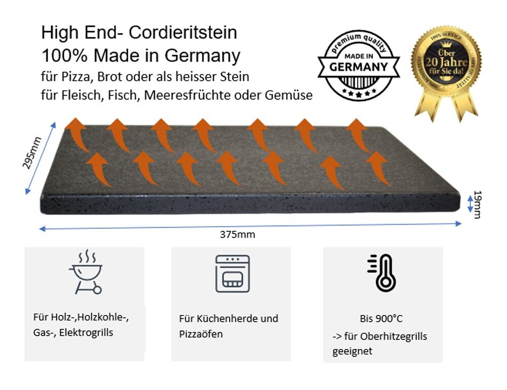 Megrill 375x295mm Pizzastein, Grillstein, Brotbackstein aus glasiertem Cordierit