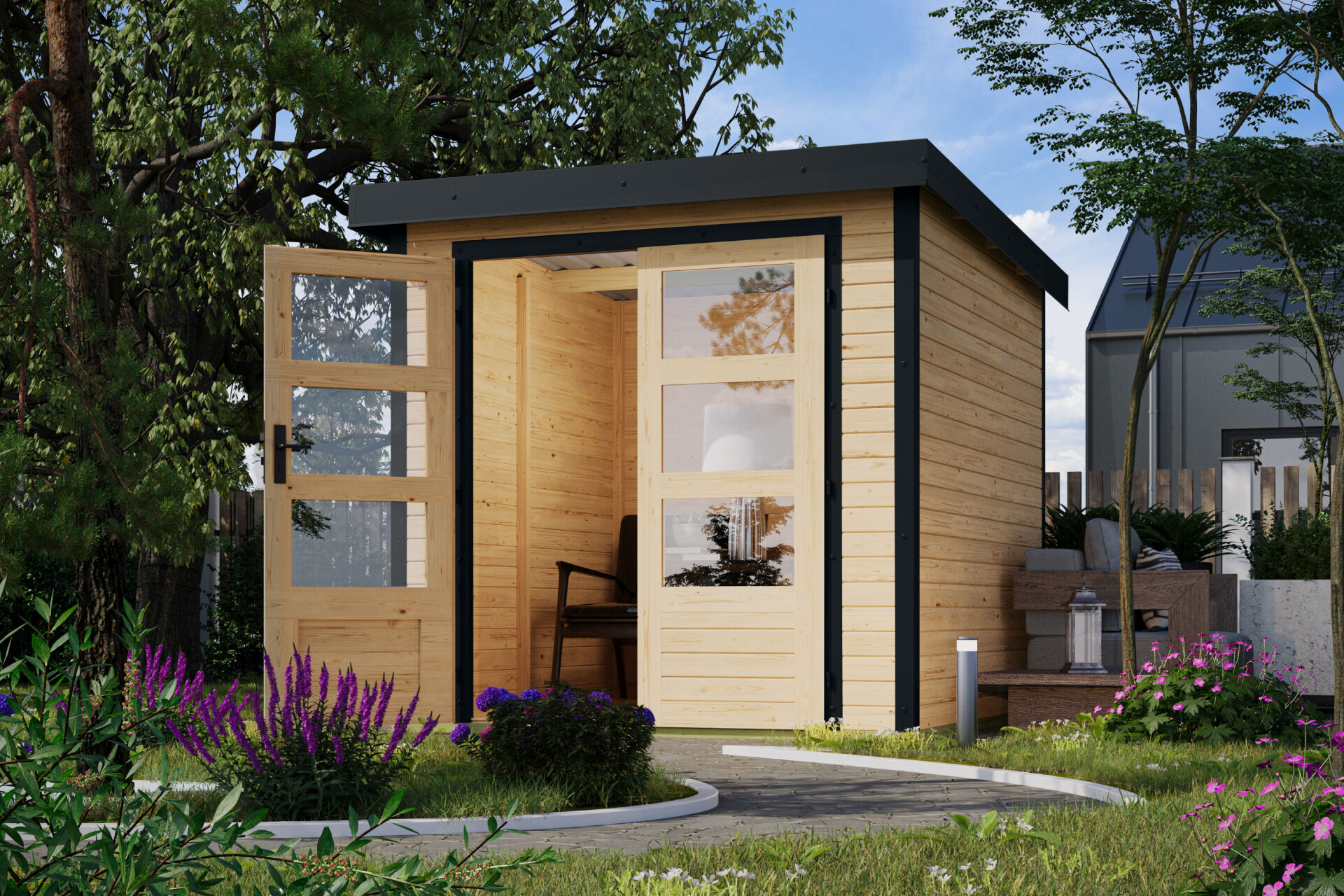 Karibu Pultdach Holz & Metall Gartenhaus Jupiter 2, naturbelassen / graualuminium