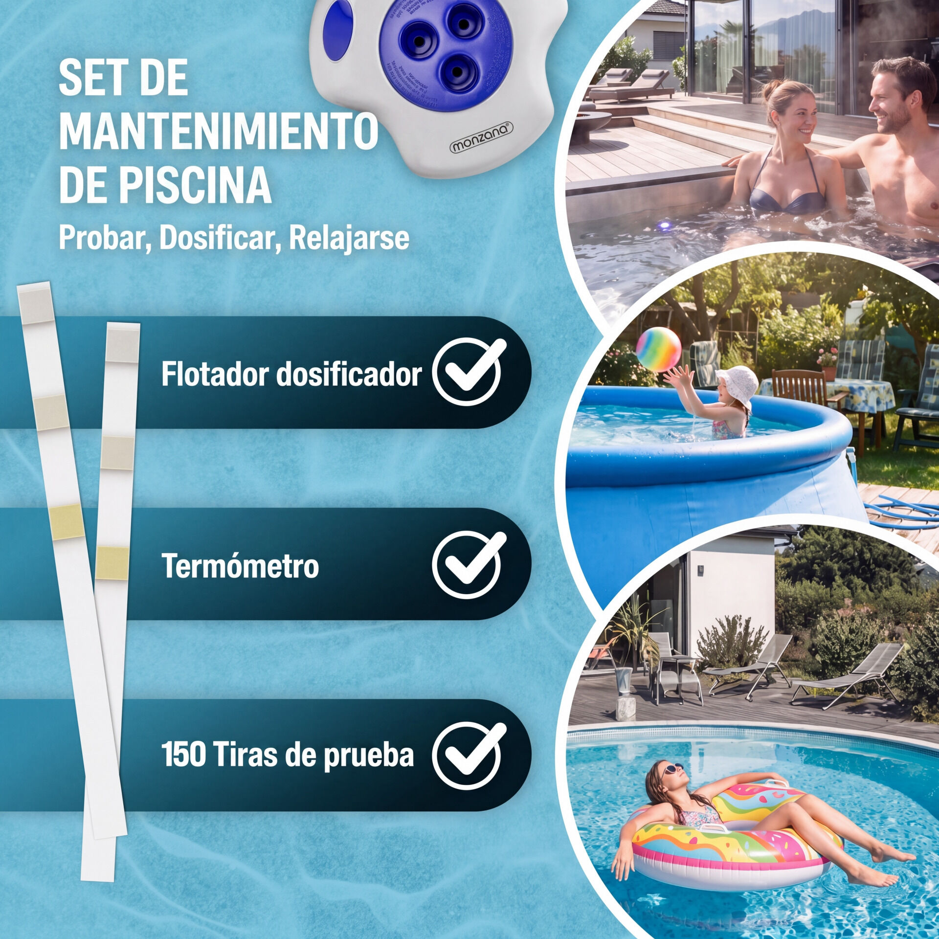 Dosierschwimmer Pool für 20-200g Tabletten inklusive 150 3in1 Teststreifen UV-Resistent Chlor Schwimmer mit Thermometer