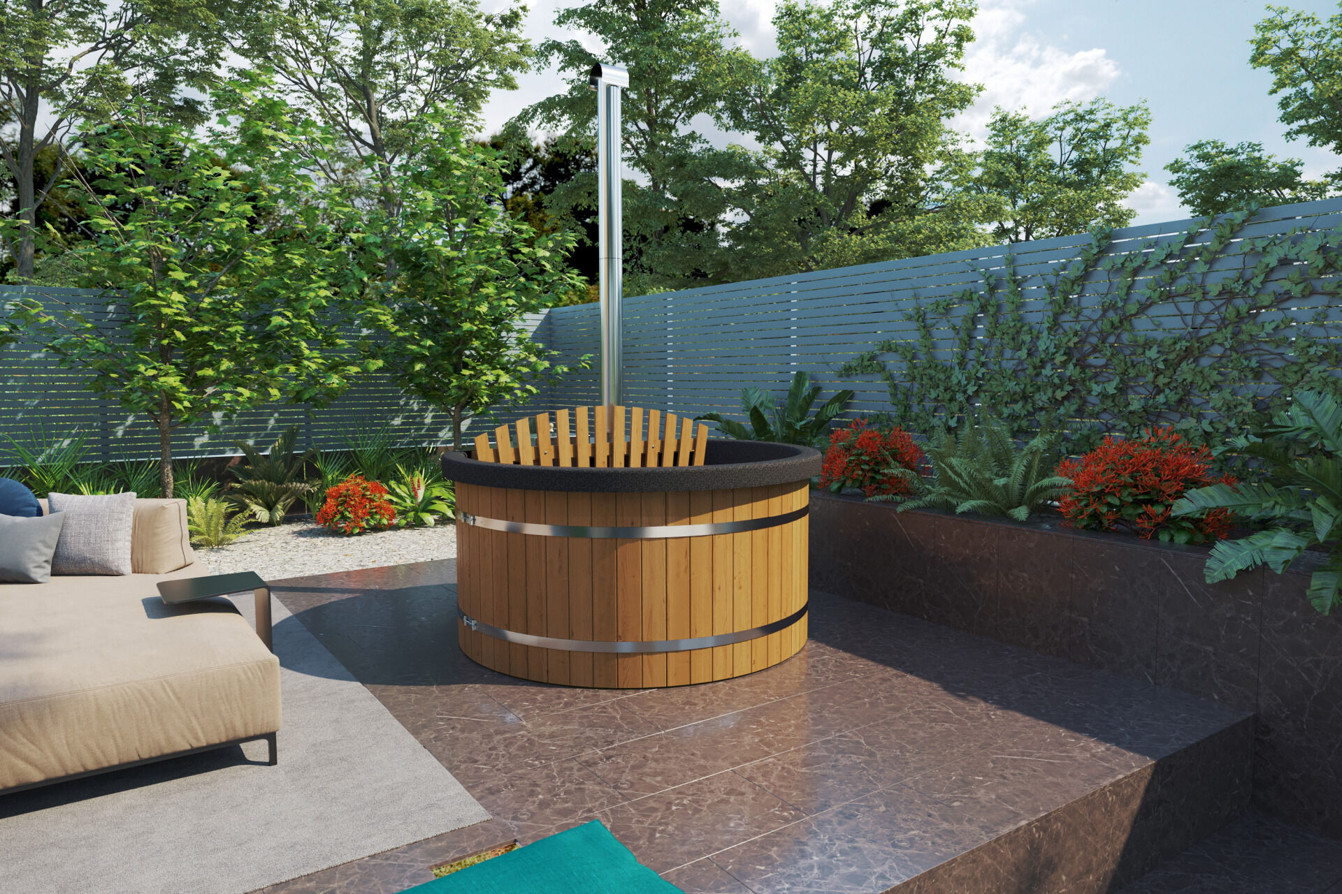 Badebottich Exklusiv / Premium Innenofen Thermoholz schwarz-granit