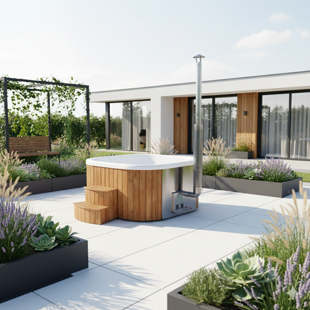 Badefass oder Whirlpool – Was ist die bessere Wahl? SPANOVA Hottub Quadratisch 200 Thermoholz im Garten
