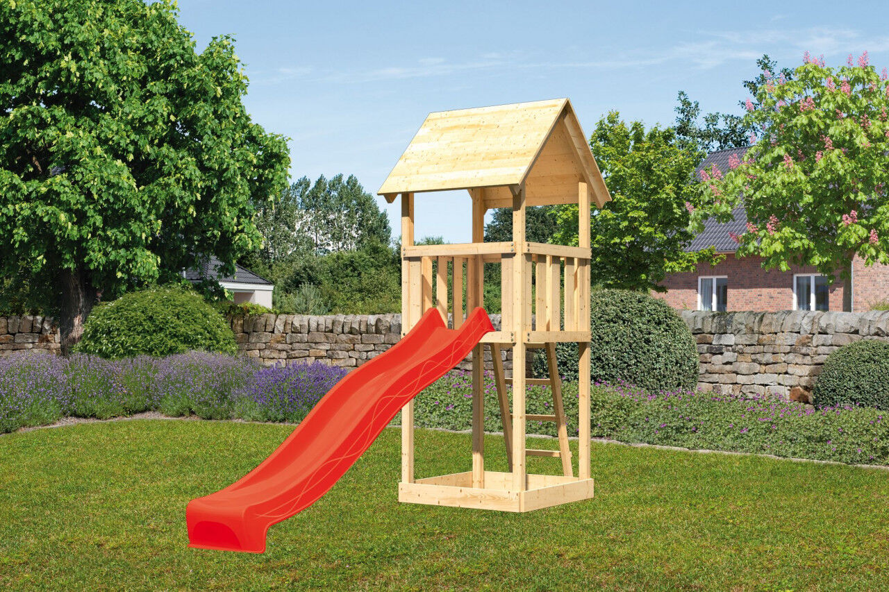 Kinderspielturm Lotti Satteldach SET natur mit Rutsche rot