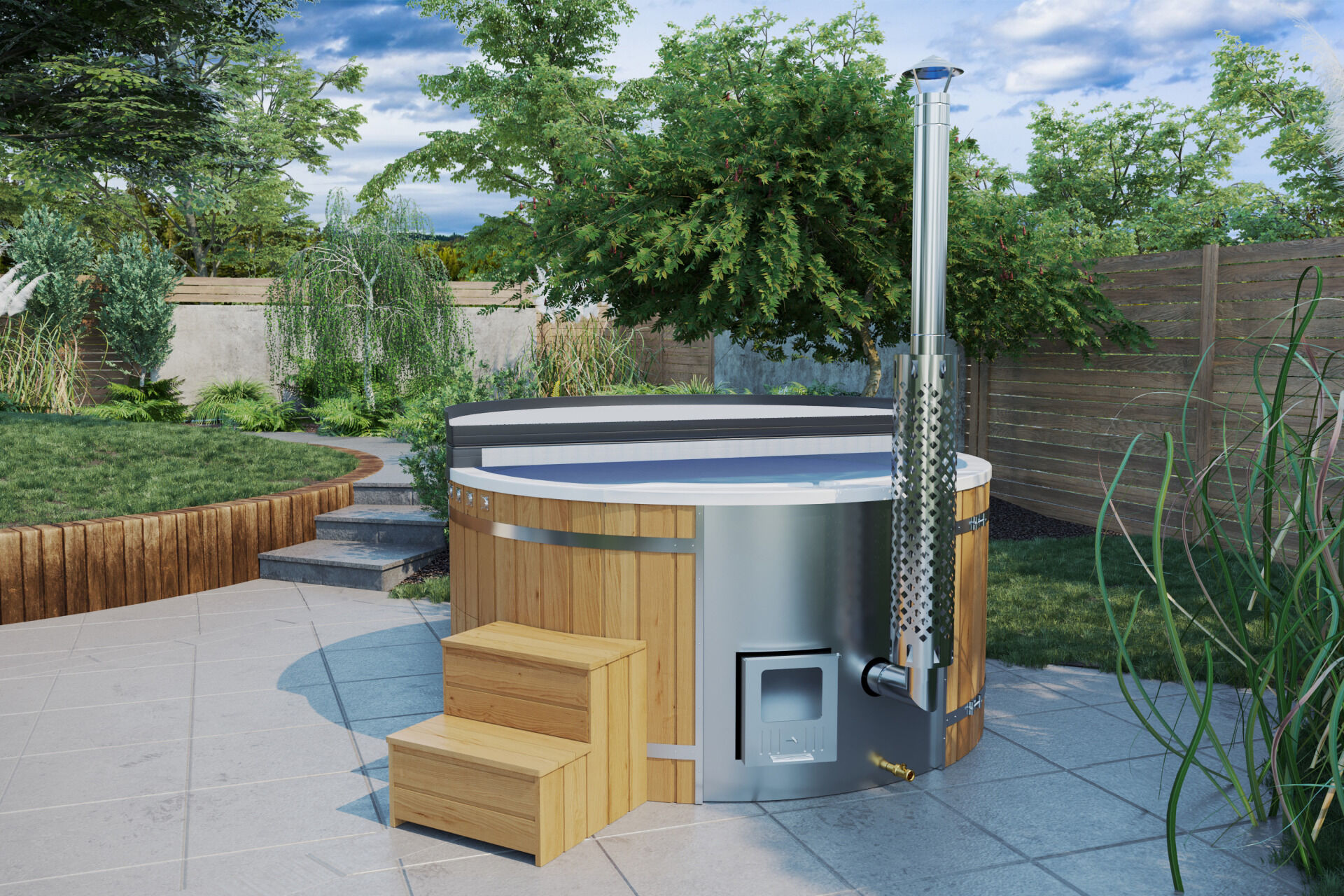Badefass Prestige rund Thermoholz mit weißem Einsatz, Iso-Deckel, integriertem Holzofen und Treppe auf Terrasse