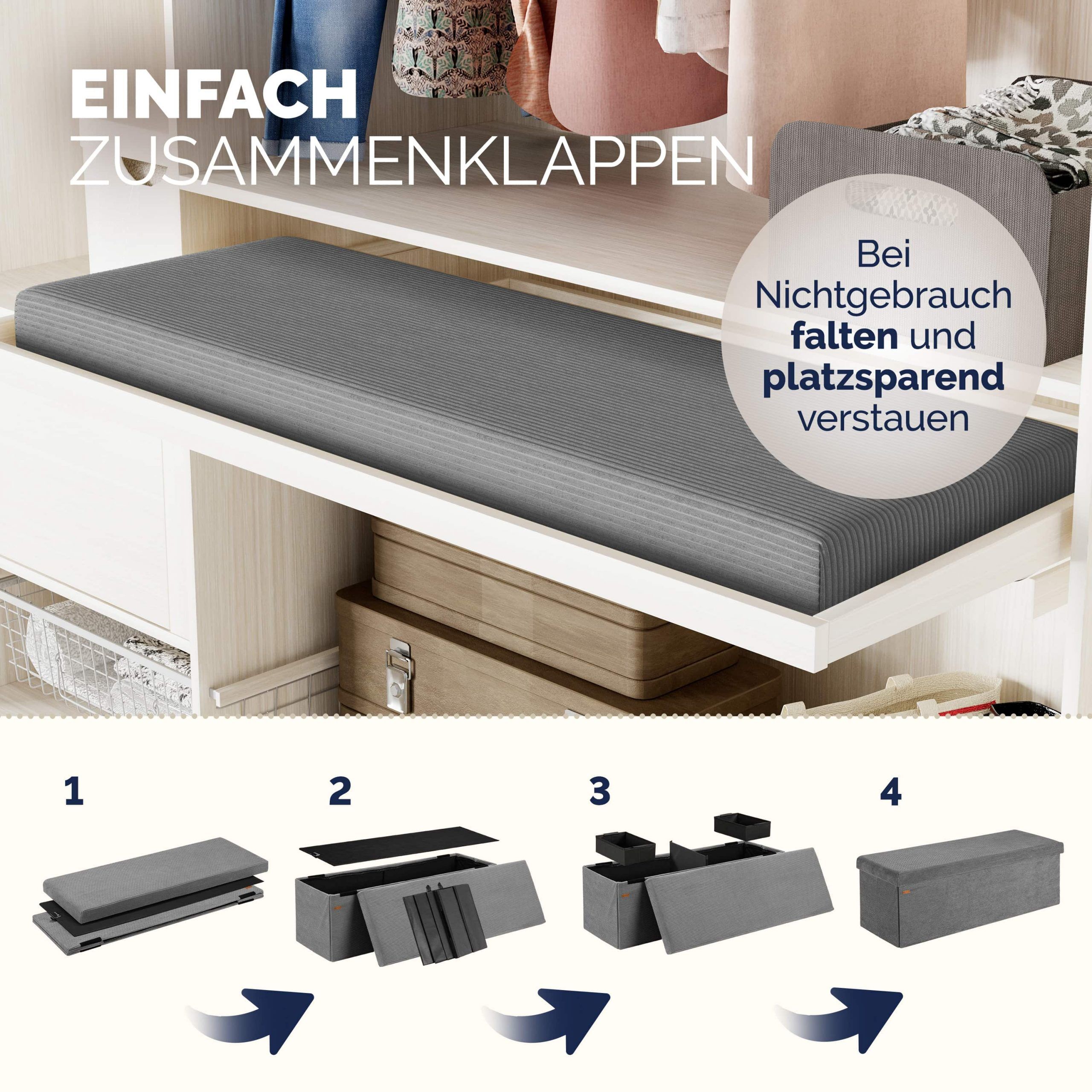 Sitzbank Anthrazit Cord 114x38x38cm MDF faltbar