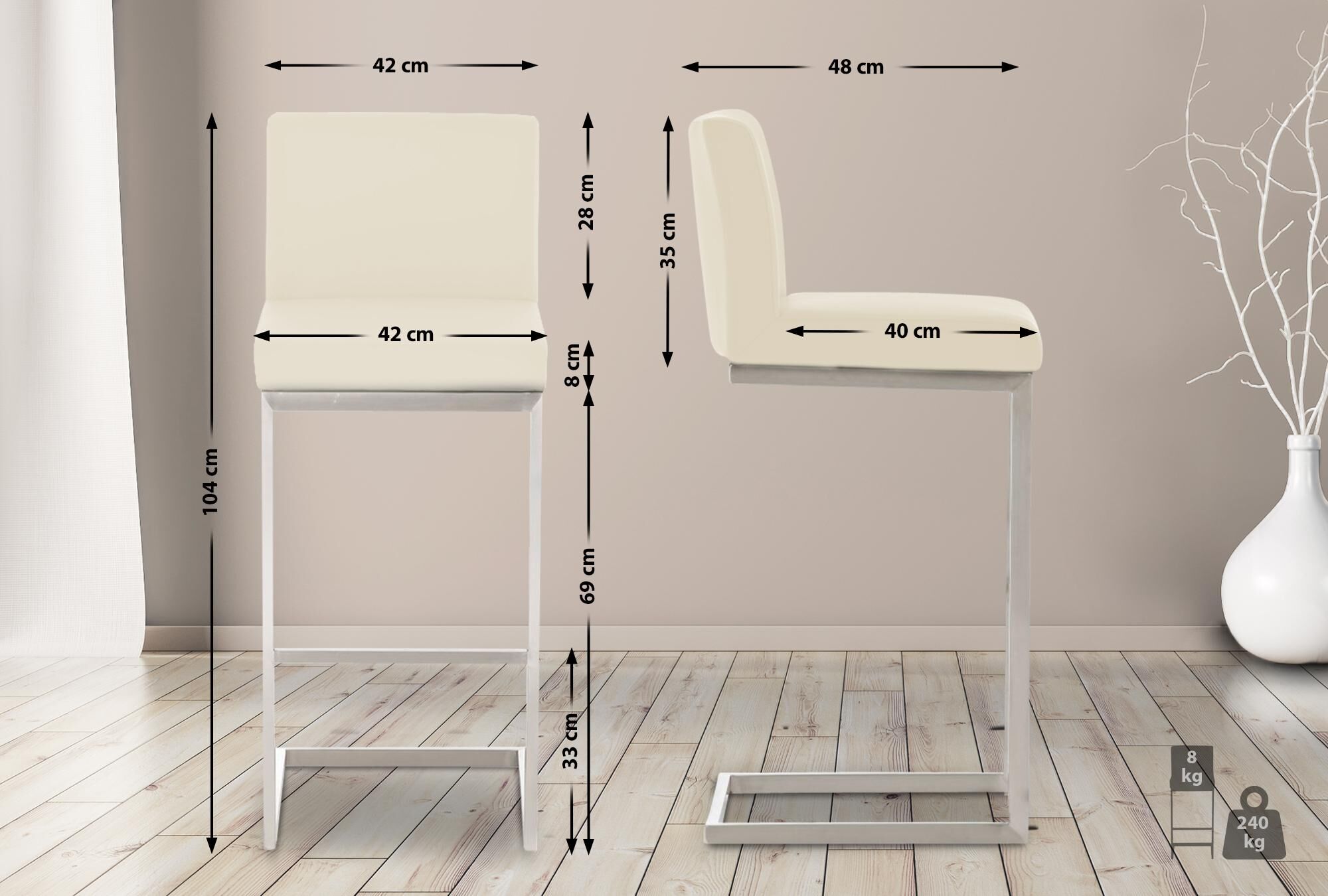 2er Set Barhocker Paros Kunstleder, creme