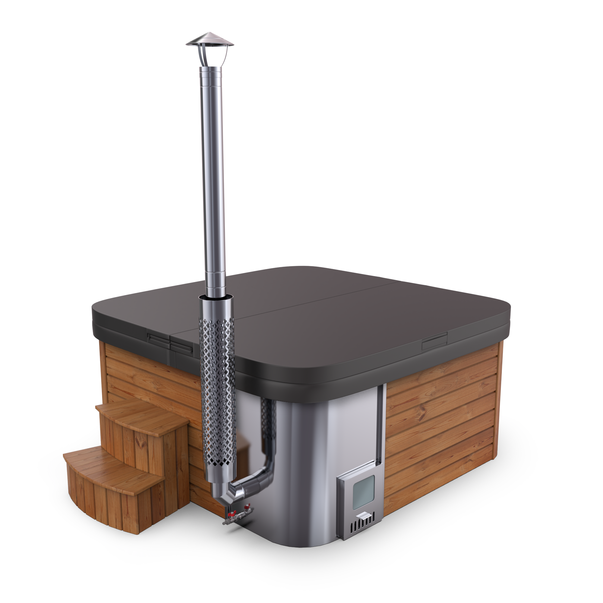 SPANOVA Hot Tub Premium 220 – Thermoholz Whirlpool mit integriertem Holzofen & Acrylwanne, Weiß marmoriert, Holzofen - 35kw V2A