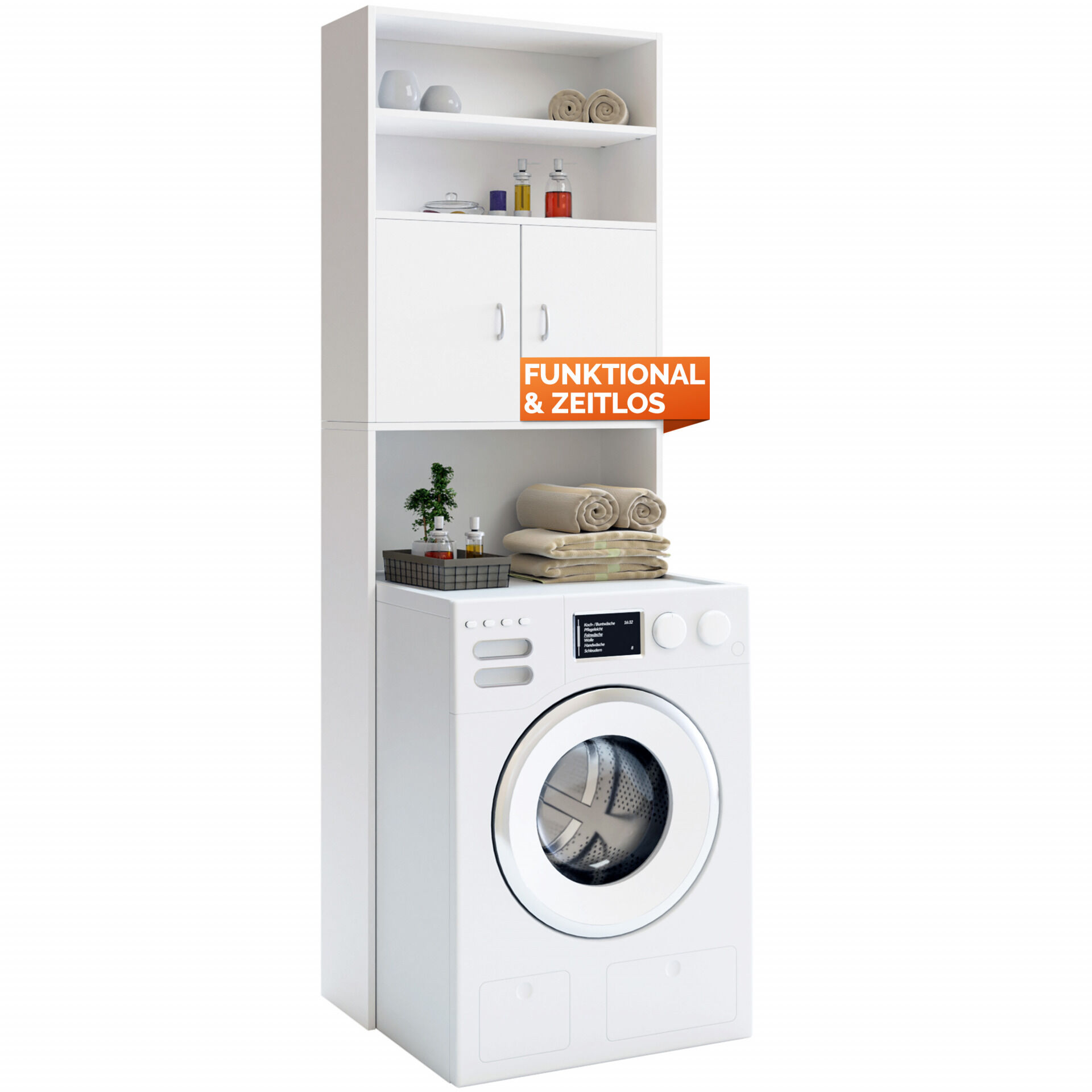 Waschmaschinenschrank 185x63x20cm kompakt 3 Böden Magnettüren Weiß