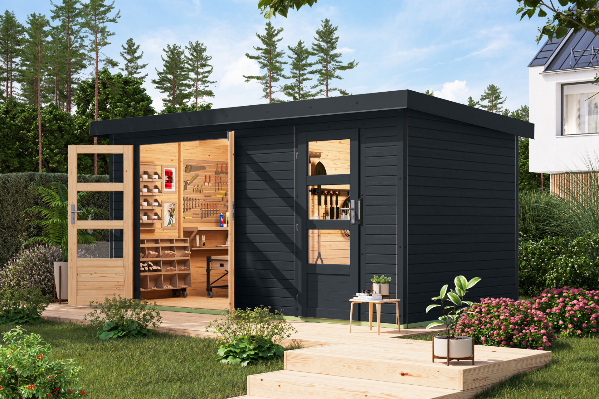Karibu Pultdach Holz & Metall Gartenhaus Merkur, naturbelassen / graualuminium