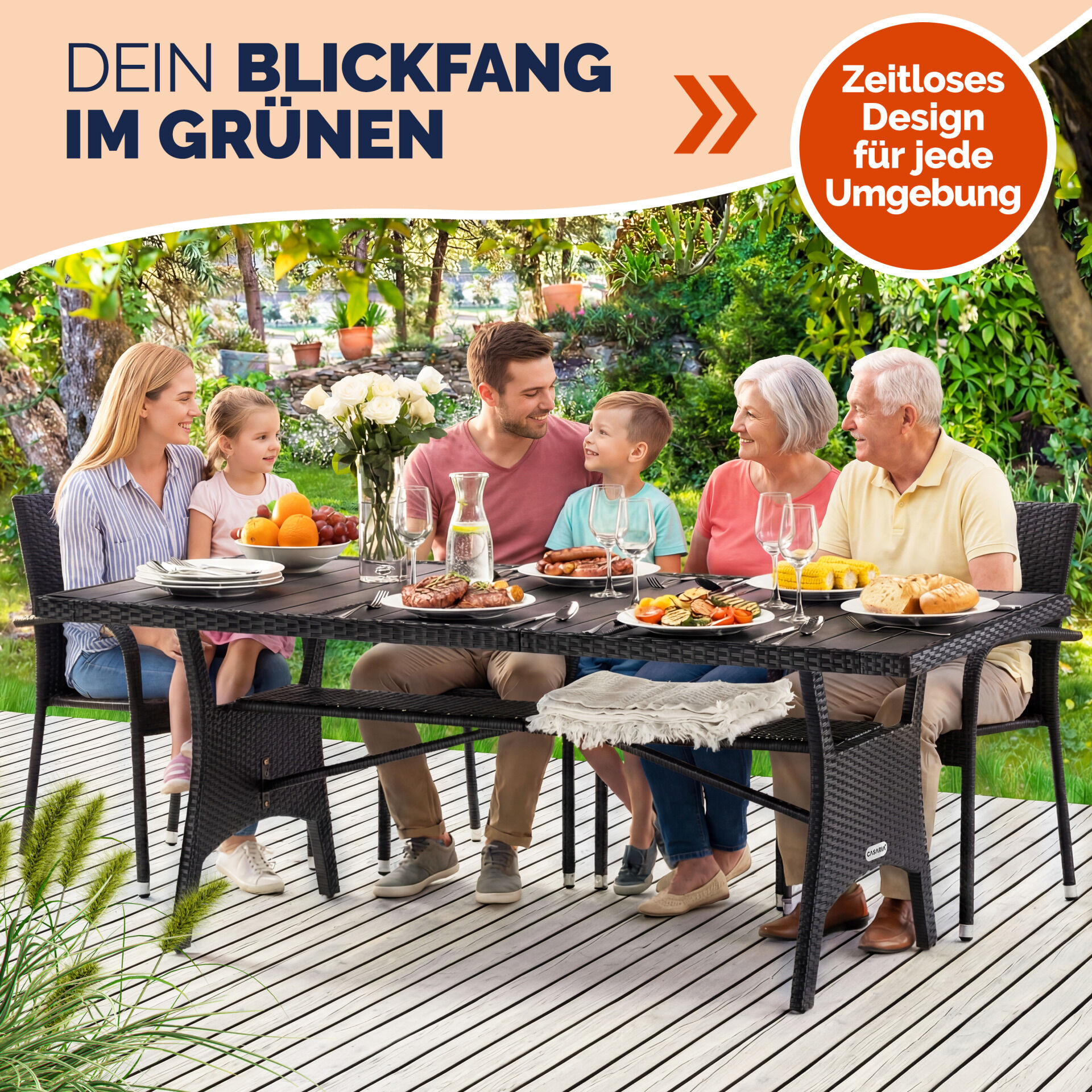 Polyrattan Gartentisch Takeo Schwarz 190x90x75cm WPC