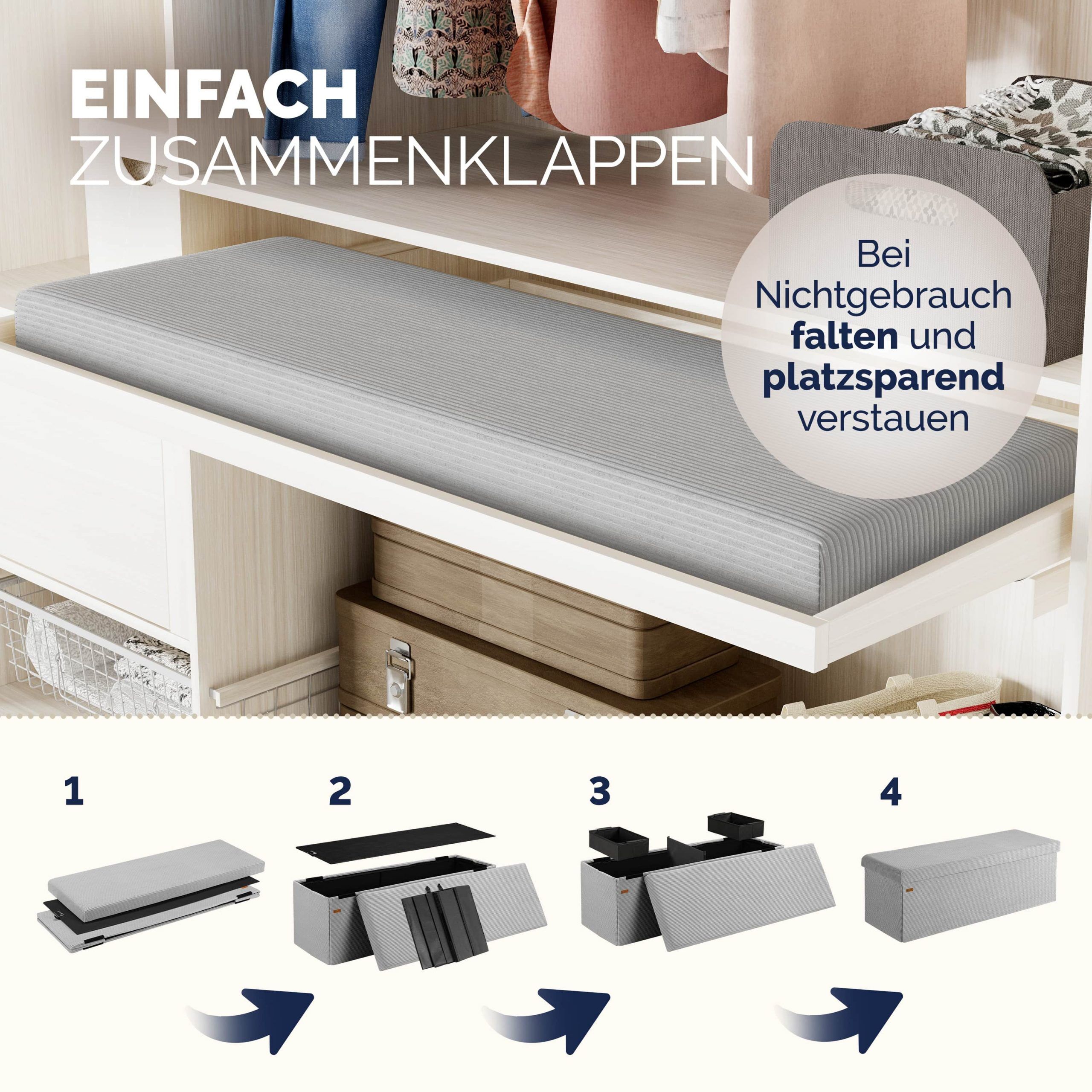 Sitzbank Grau Cord 114x38x38cm MDF faltbar