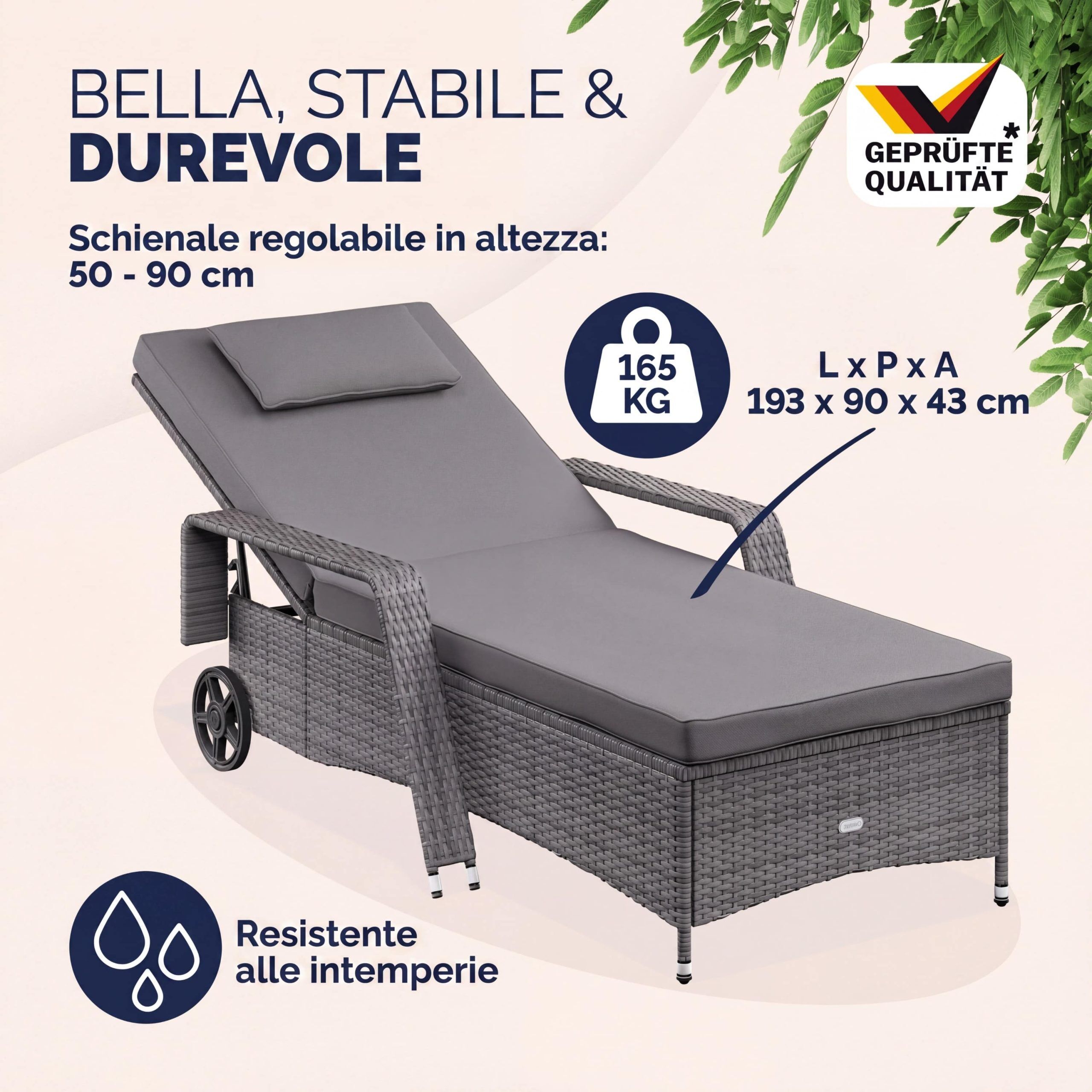 Polyrattan Gartenliege Grau/Anthrazit 193x90x43cm