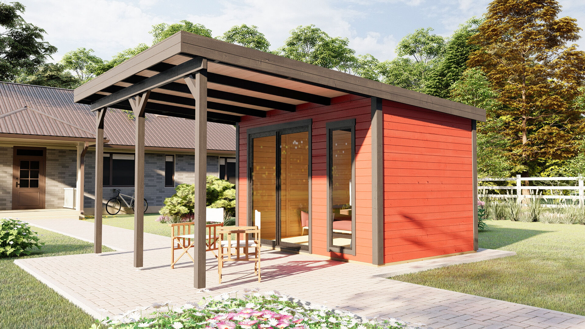 Flachdach Holz Gartenhaus Sydney 53 mit Schiebetür und Terrasse