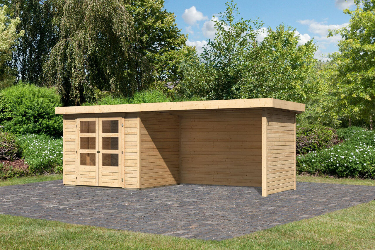 Flachdach Gartenhaus Askola 3 im Set mit Anbaudach 2,80 m und 19 mm Seiten- Rückwand natur