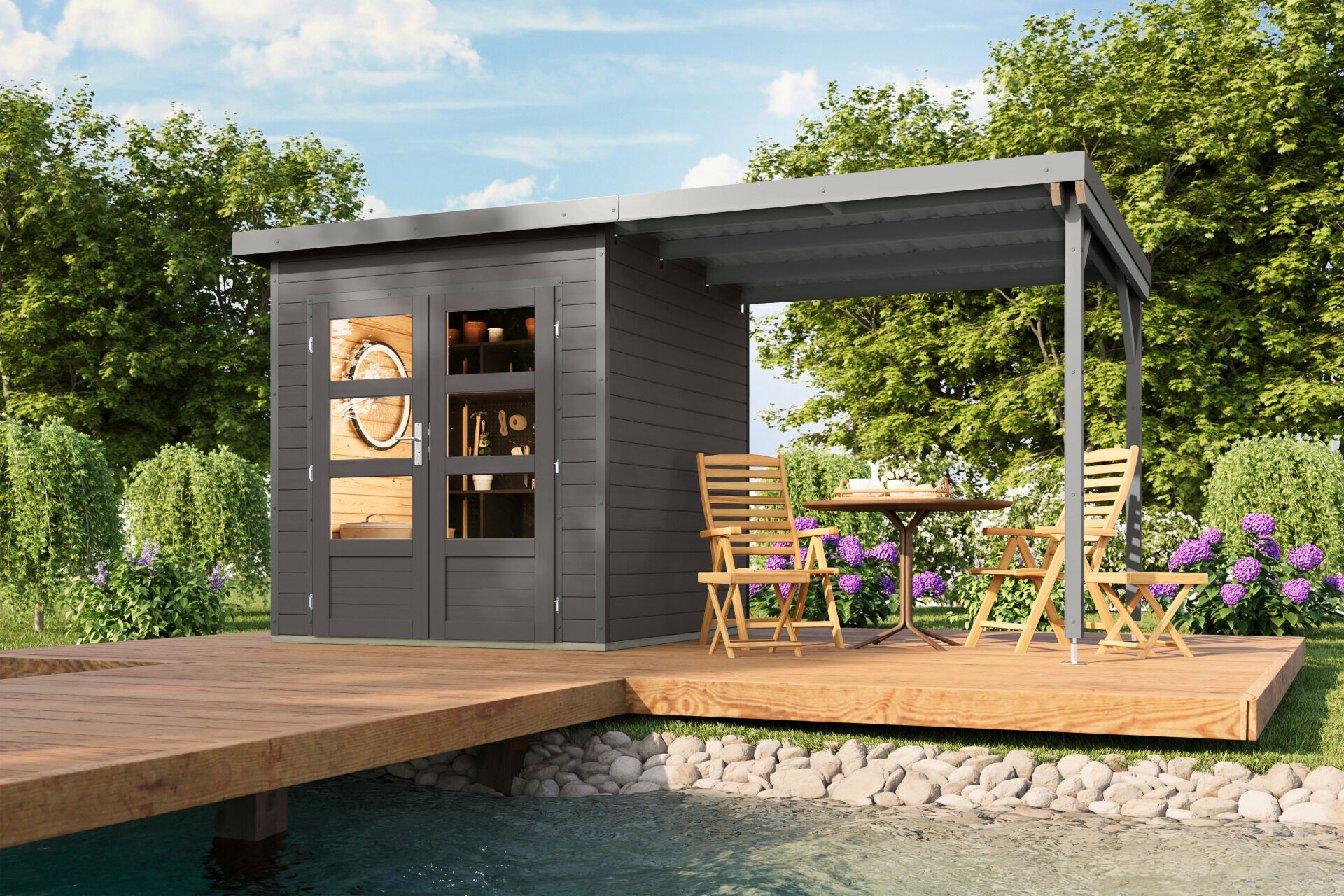 Karibu Pultdach Holz & Metall Gartenhaus Pluto 1 Set mit Anbaudach 2,33 m, naturbelassen / graualuminium