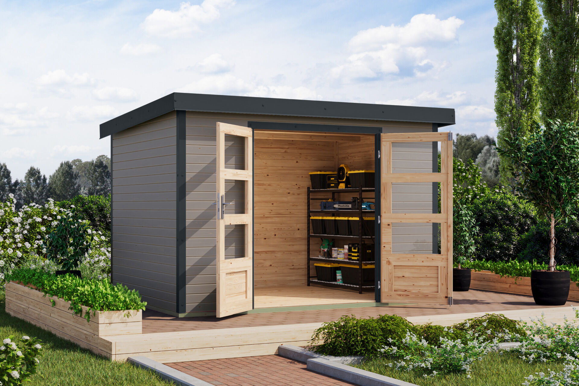 Karibu Pultdach Holz & Metall Gartenhaus Jupiter 4, naturbelassen / graualuminium