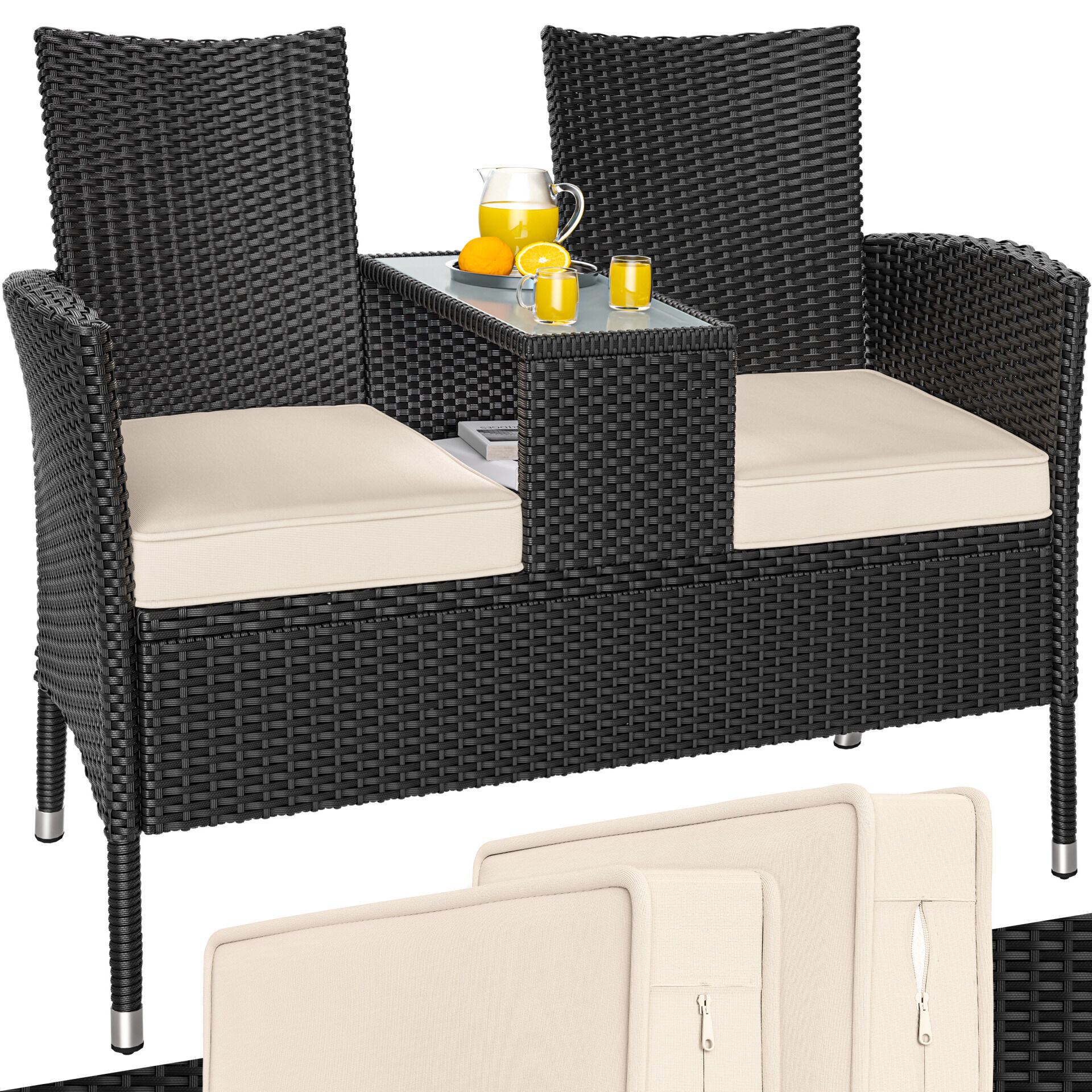 Polyrattan Kino Bank Schwarz 145x58x87cm