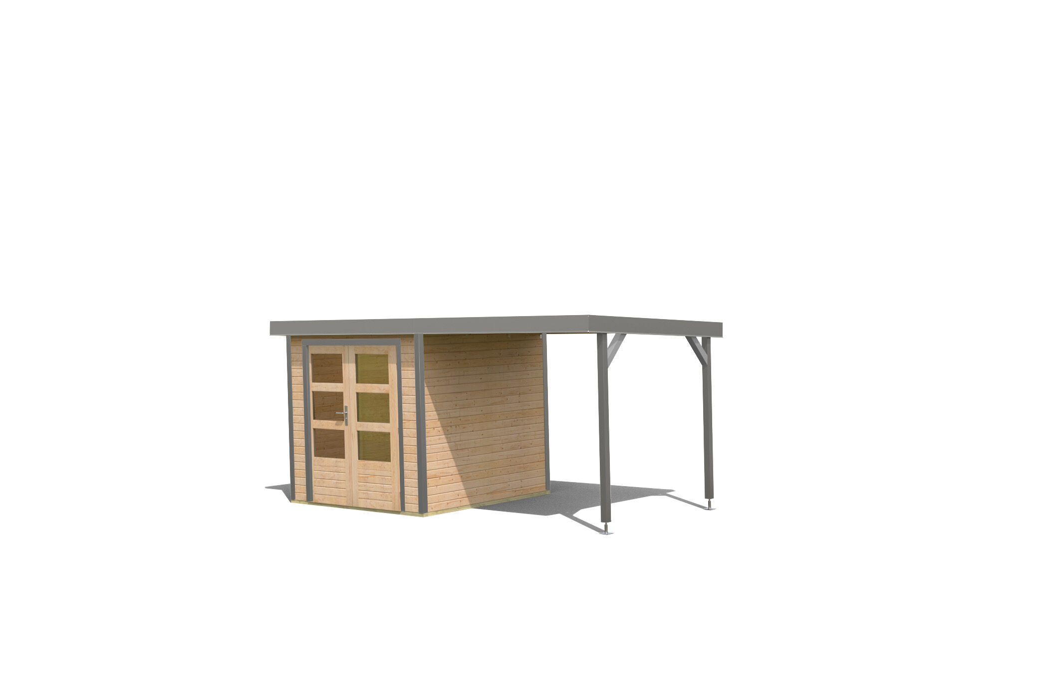 Karibu Pultdach Holz & Metall Gartenhaus Jupiter 2 Set mit Anbaudach 2,35 m, naturbelassen / graualuminium