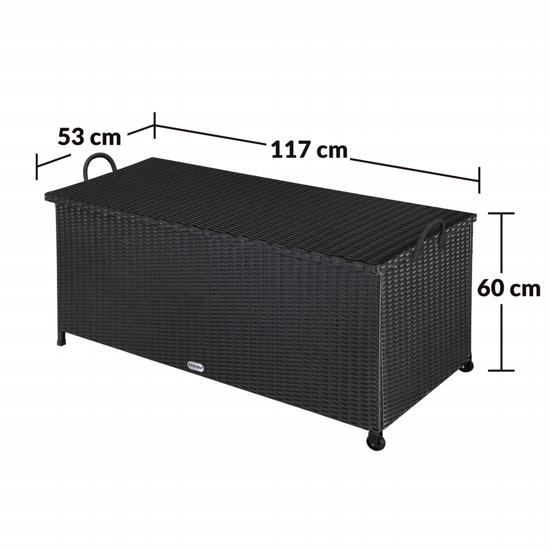 Gartenbox Polyrattan Schwarz 117x53x60cm mit Griffen + Rollen
