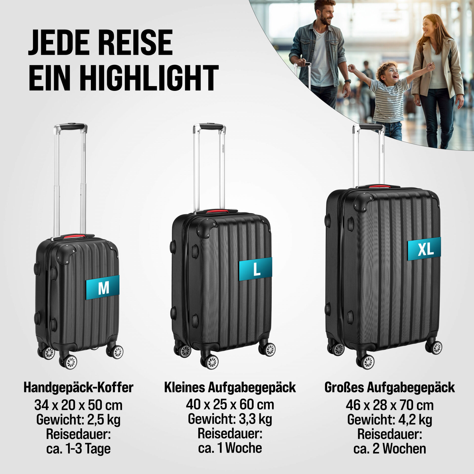 Hartschalenkoffer Set 3-tlg mit Zubehör Rollen 360º Schwarz ABS
