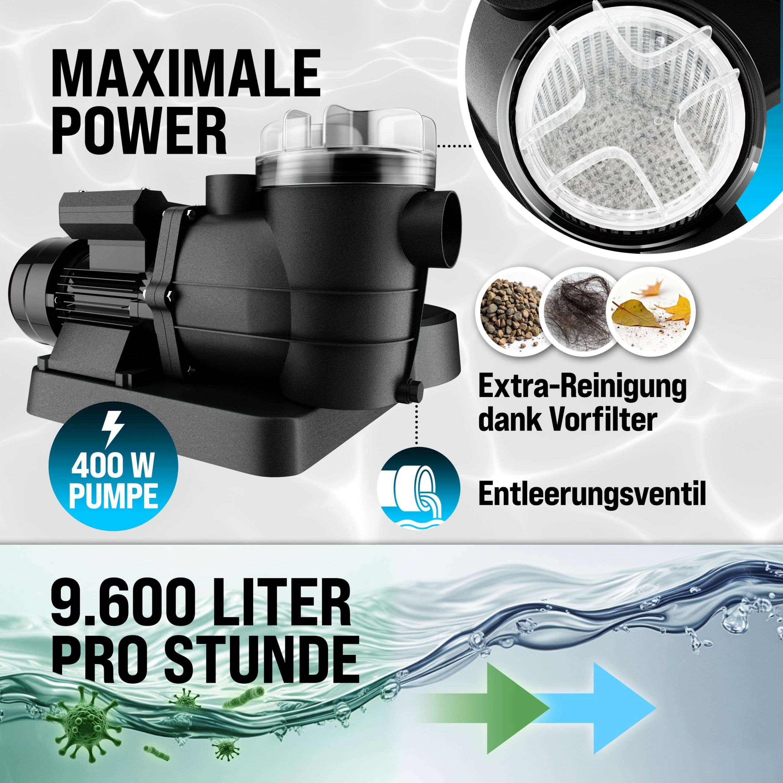 Sandfilteranlage Pool 9600 L/h mit Vorfilter 7-Wege Ventil