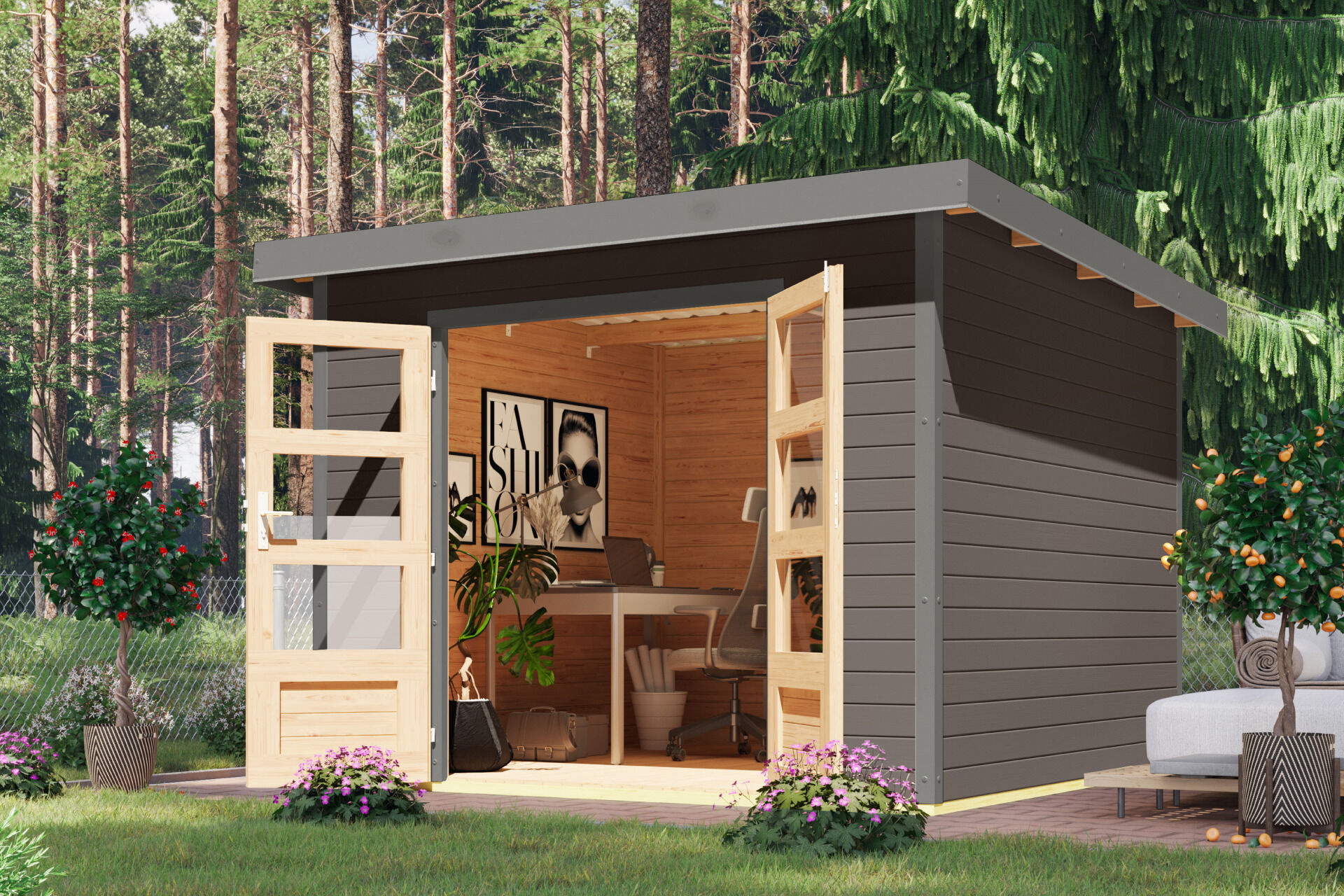 Karibu Pultdach Holz & Metall Gartenhaus Pluto 6, naturbelassen / graualuminium