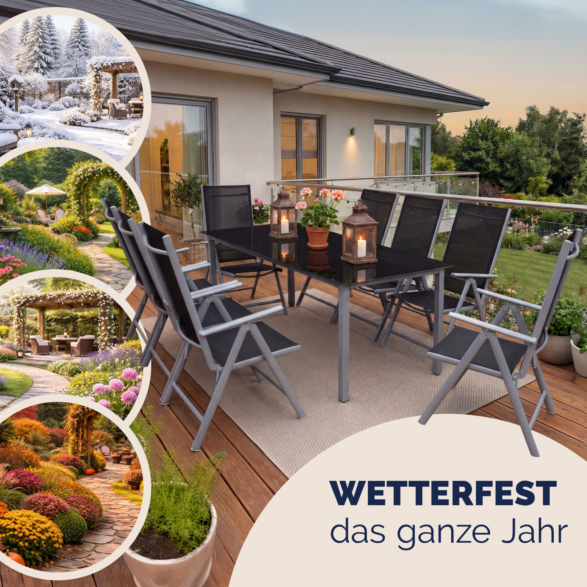 Gartensitzgruppe Bern 9-tlg 8 Personen Silber Alu Schwarz Glas