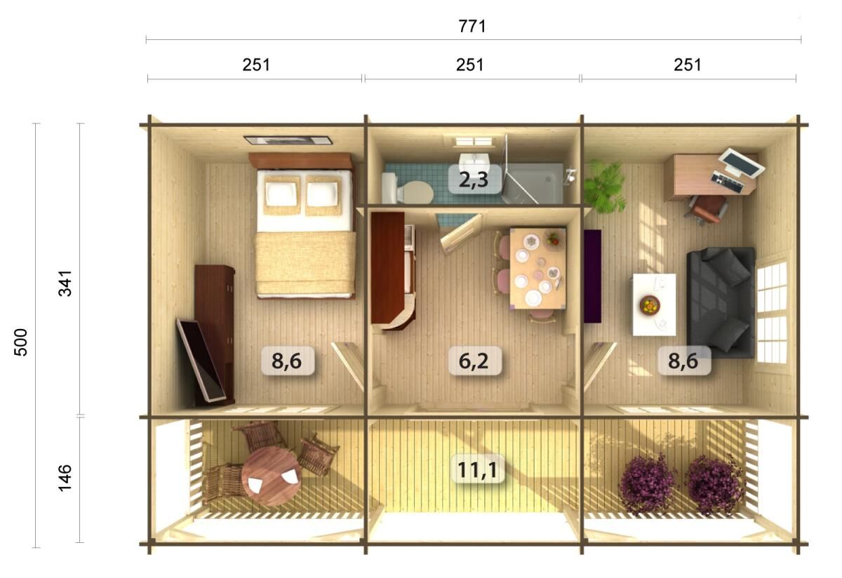 Palmako Ferienhaus Sandra 25,6+11,1 m2 Innenansicht bemaßt