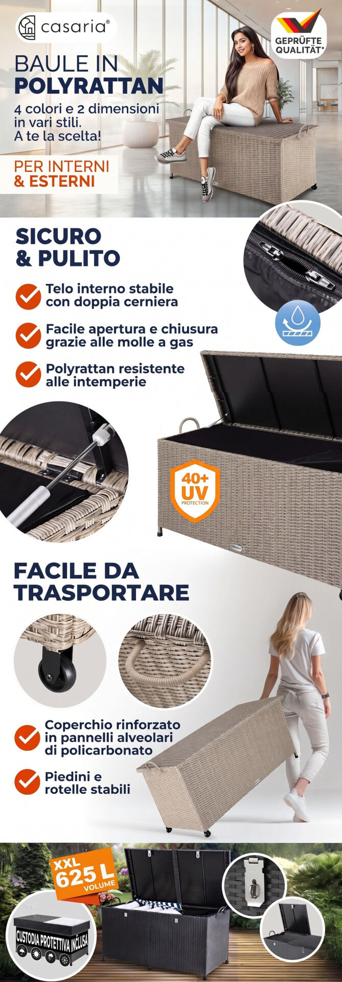 Gartenbox Polyrattan 625L wetterfest abschließbar mit Rollen