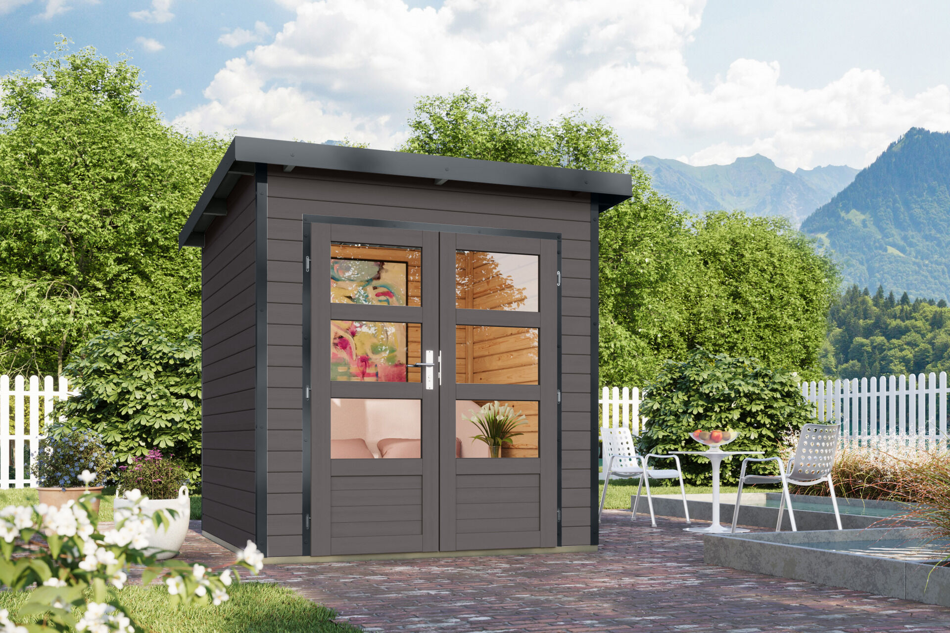 Karibu Pultdach Holz & Metall Gartenhaus Pluto 1, naturbelassen / graualuminium