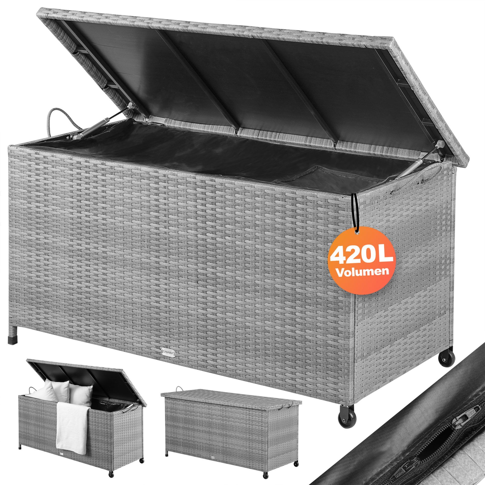 Gartenbox Polyrattan Grau 117x53x60cm mit Griffen + Rollen