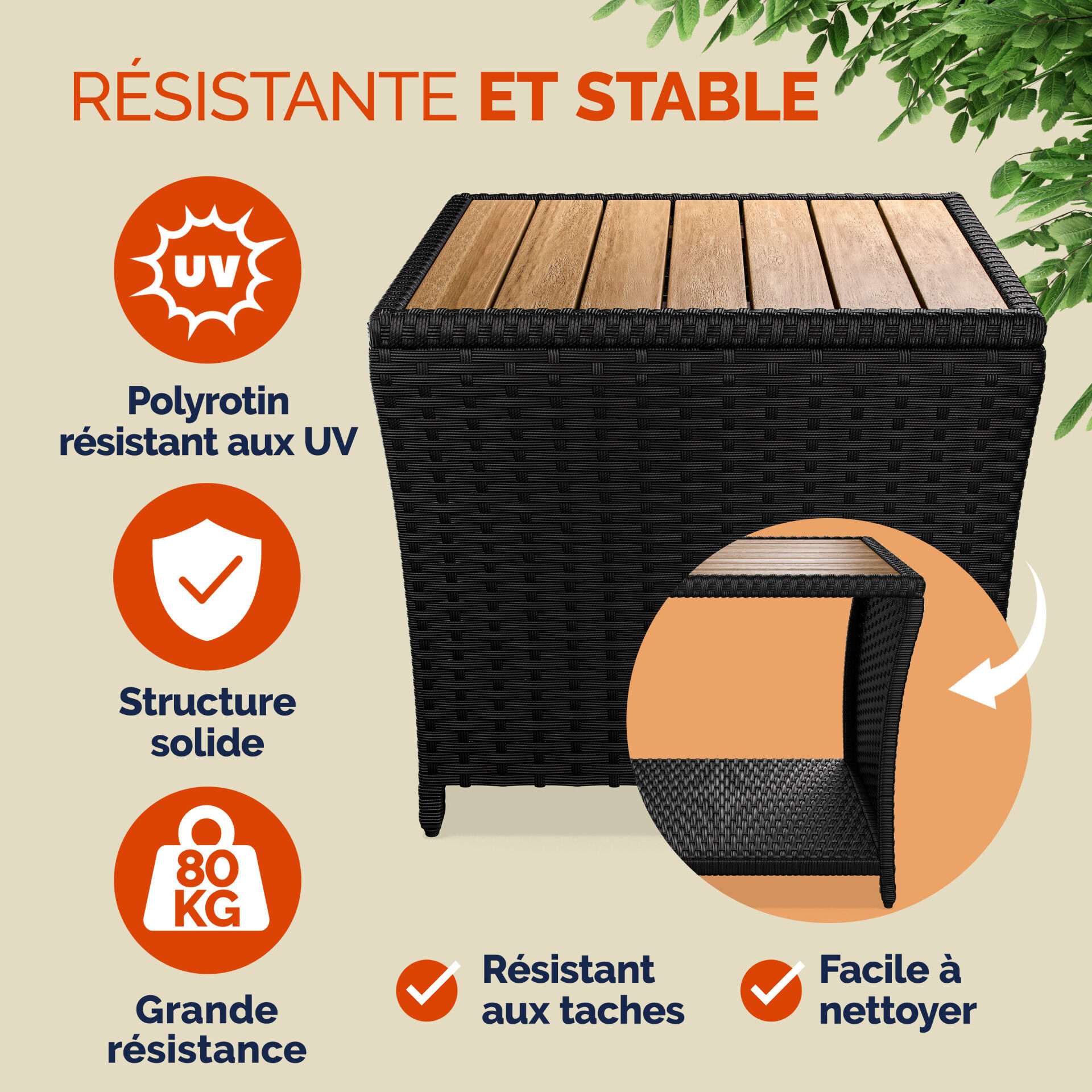 Polyrattan Beistelltisch Schwarz 40x45x45cm Akazienholz