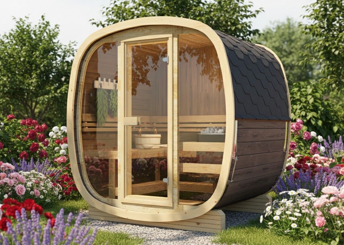 Fasssauna Quadro 160 Vollglas Front Thermoholz Outdoor Sauna Garten