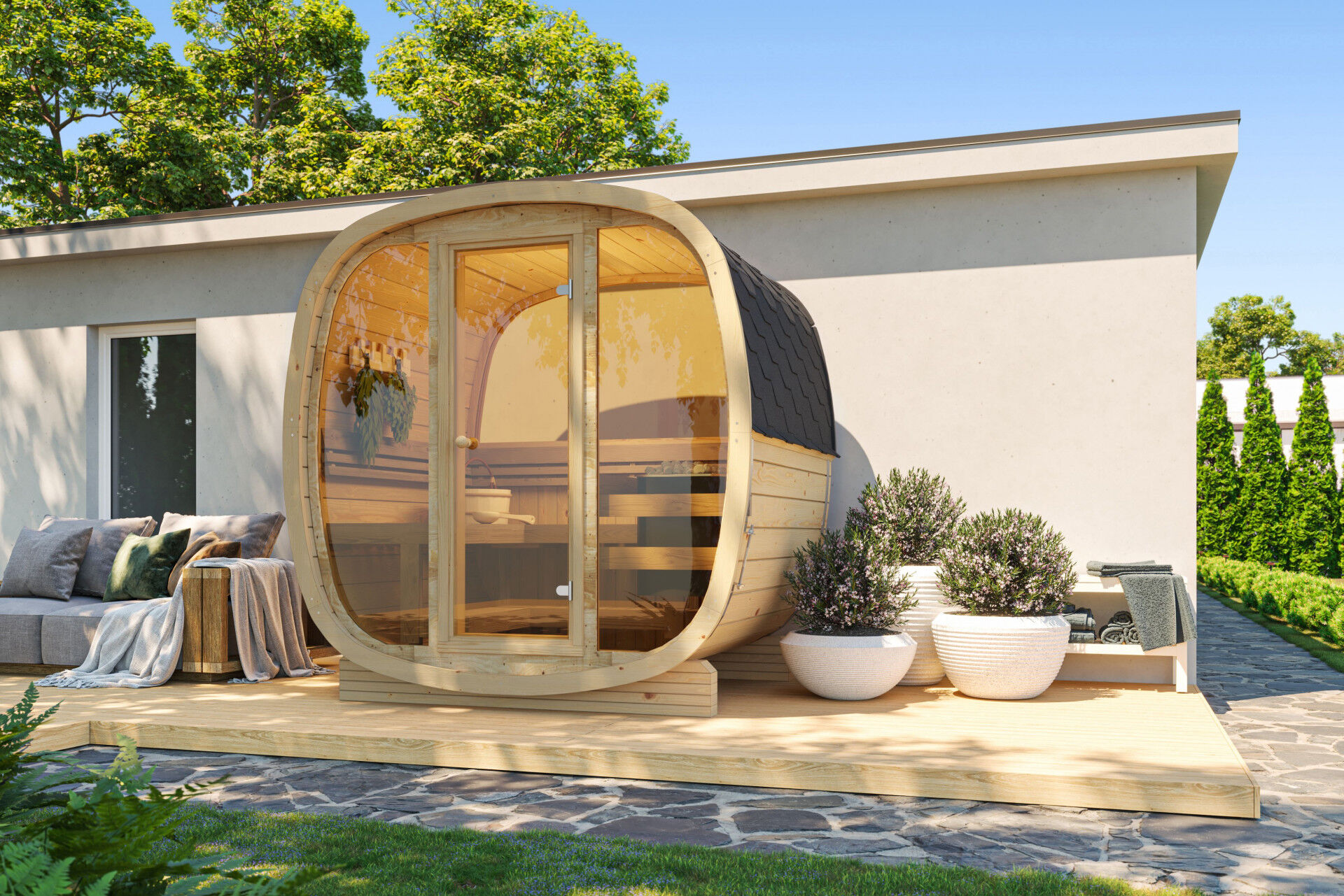 Finn Art Fasssauna Quadro 160 Standard, naturbelassen, Vollglas Front, Halbglas Rückwand, auf Terrasse