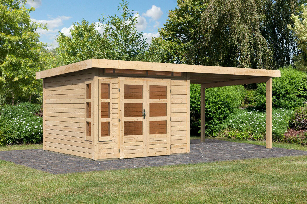 Karibu Pultdach Gartenhaus Kastorf 6 SET naturbelassen mit Anbaudach 3,2 m natur