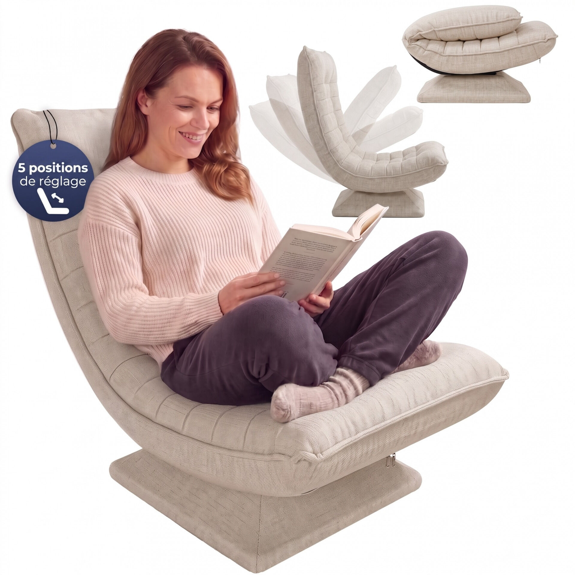 Sessel Aberdeen Creme Stoff 5fach verstellbar 360 Grad drehbar klappbar